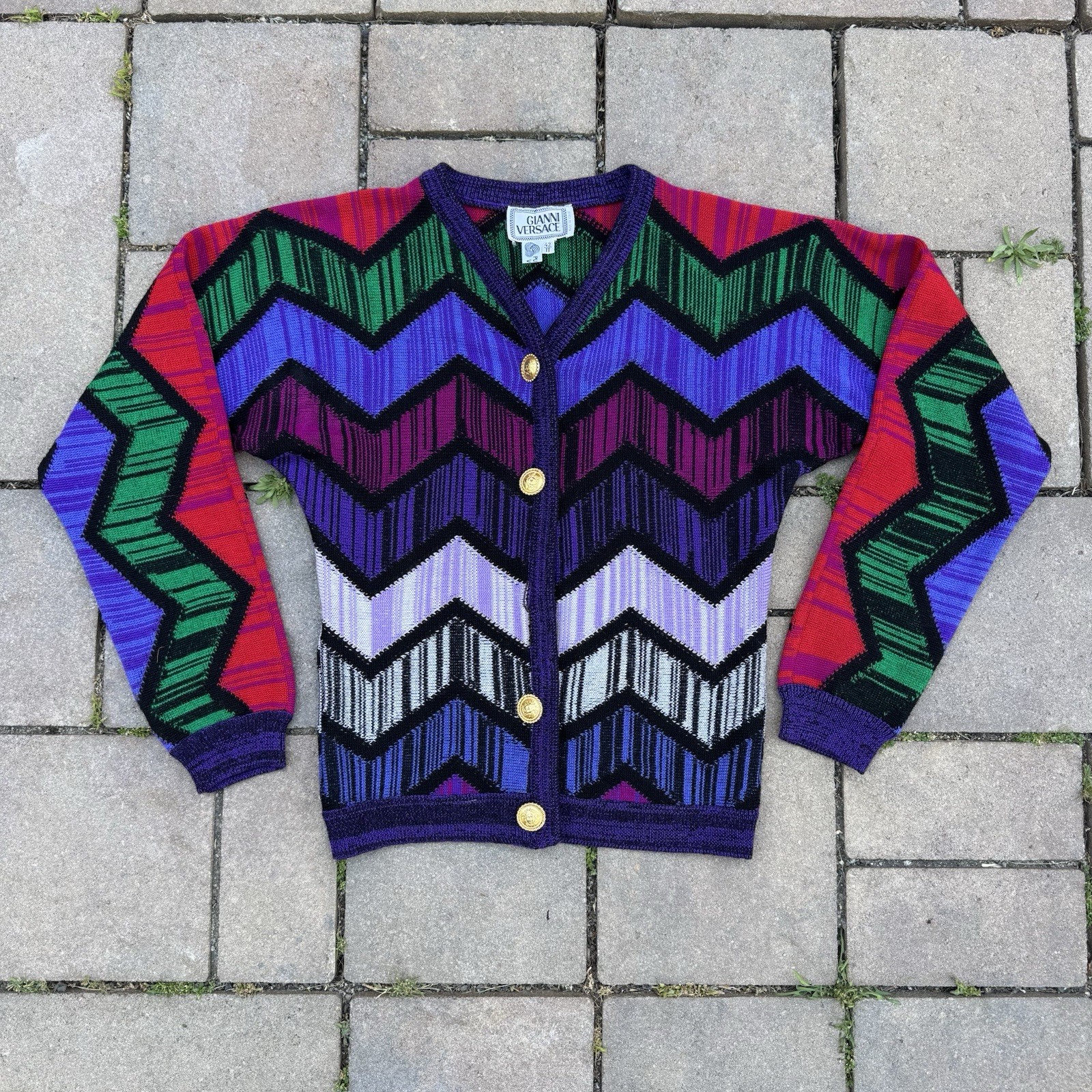 VTG 90s Gianni Versace Virgin Wool Cardigan Sweater Colorful Gold Buttons S READ