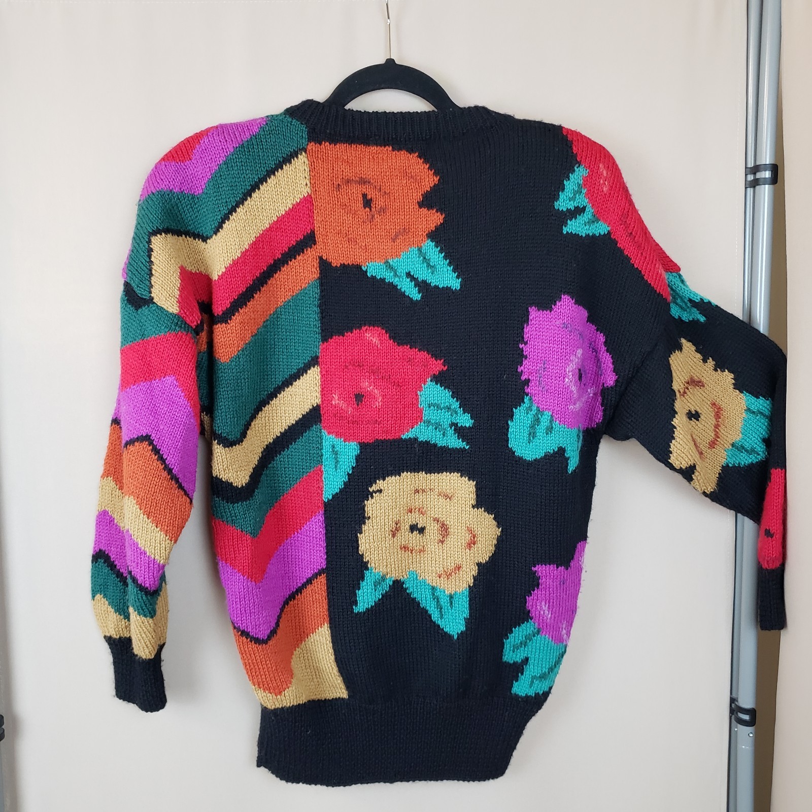 Vintage 80s Sweater M Wool & Mohair Black Bright Roses Stripes Made In England