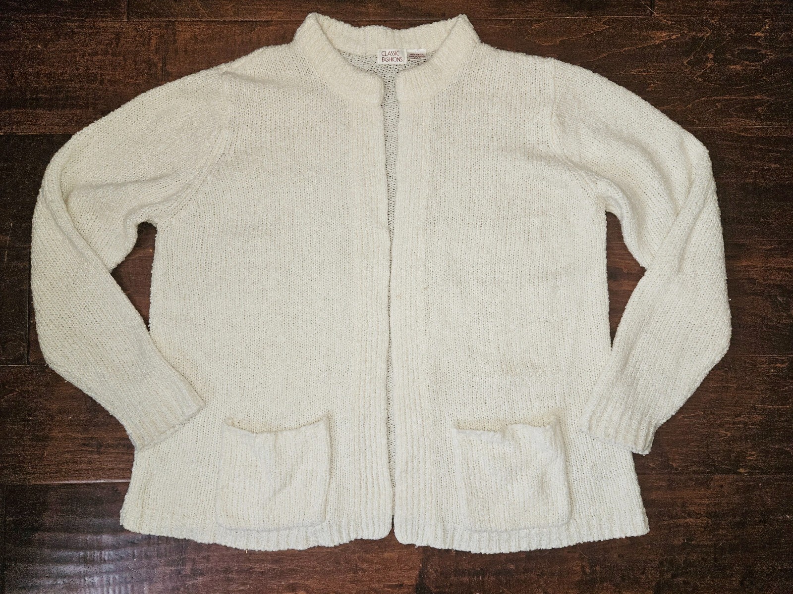 Vintage Classic Fashions Nubby Open Cardigan Size 46 US 16 XL Ivory Taiwan