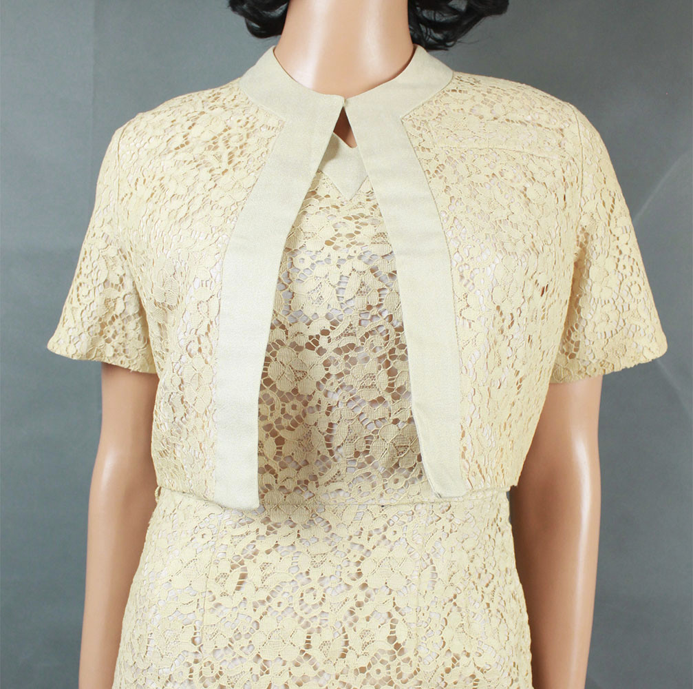 Vintage 50s Dress Jacket Set Sz S Ivory White Beige Champagne Wedding Gown