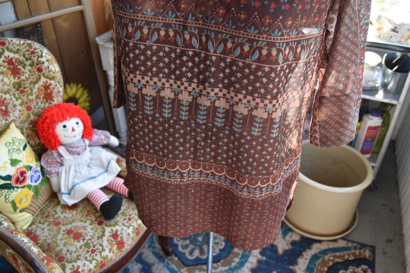 Vintage 1970s Blouse Boho Floral Geometric Print Tunic Sheer Brown M-L