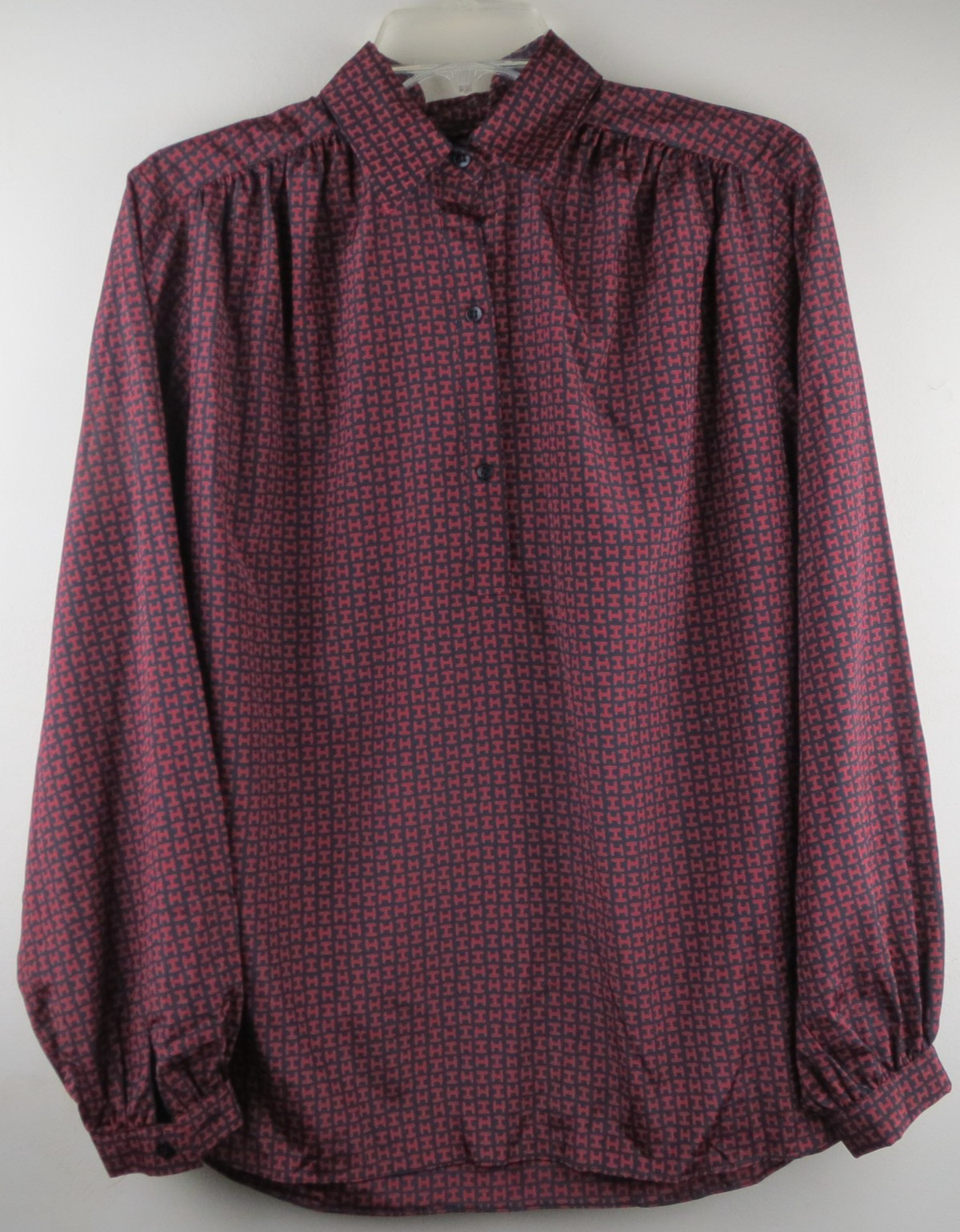 VTG 80s Halston III Women’s Blouse Size 10 Red Black Geometric Pattern Polyester