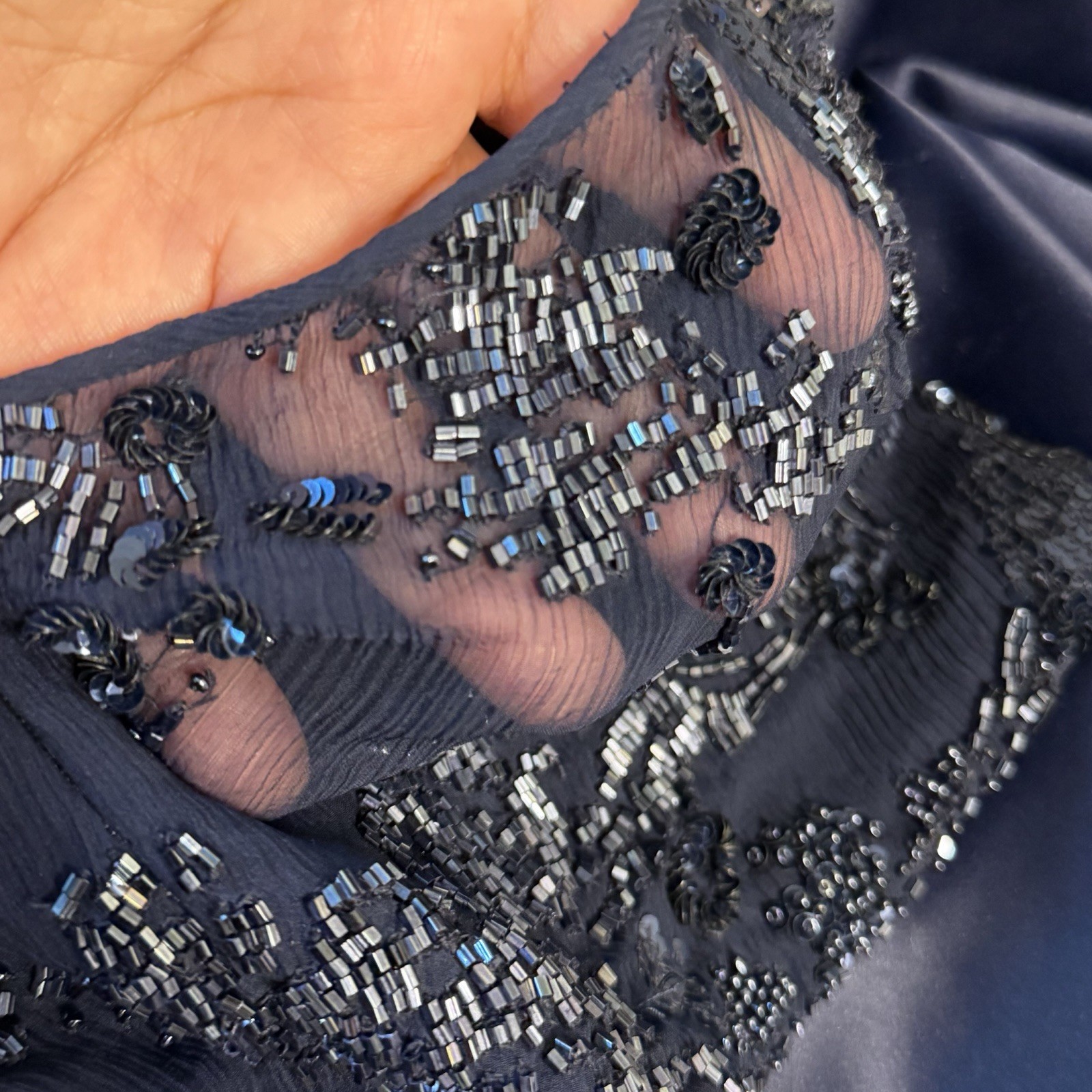 VTG 80s Jeet Blue 100% Silk Gown Dress Sequin Beaded Dynasty Luxury Glamour Sz 8