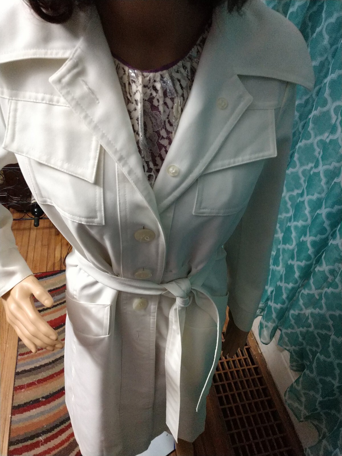 Vintage Jerold Jr Ivory Poly-twill collared trench coat or dress 7/8 with belt