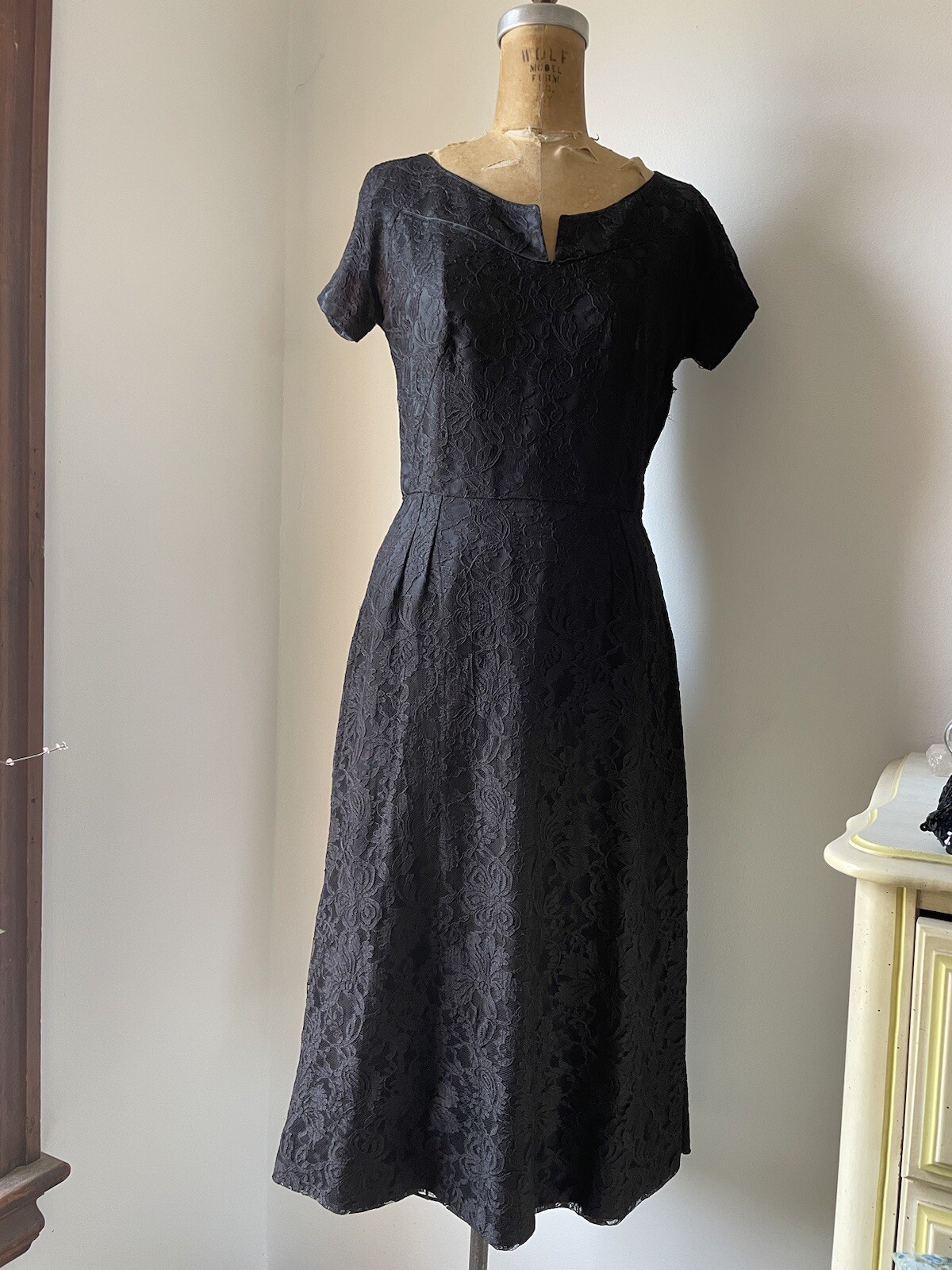 Vintage 1950’s Black Lace Cocktail Dress LBD Party Mid Century S