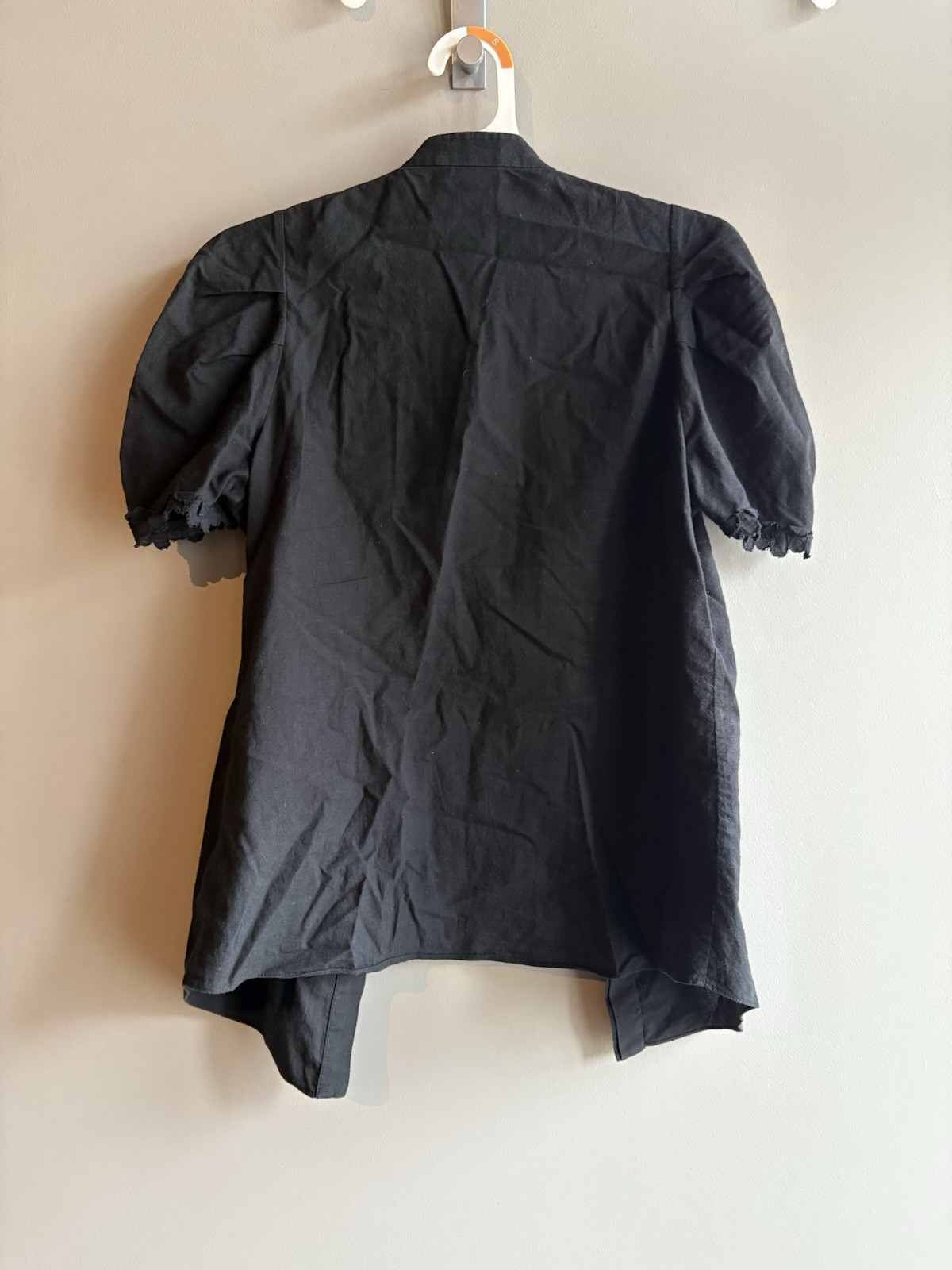 Vintage VIVIENNE TAM Black Rusched Lace Bib Tuxedo Style Shirt Puffy Sleeve Y2K