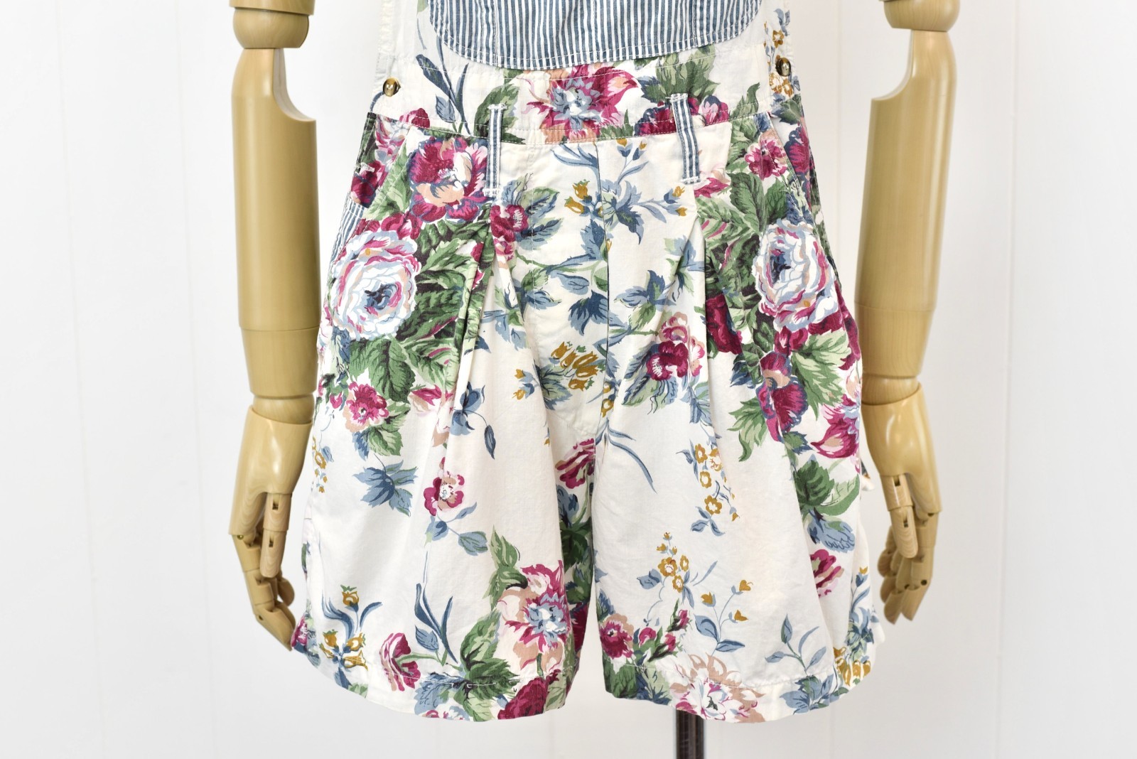 Vintage 1990s Rose Floral Print White Cotton At Last Romper Overalls Shorts
