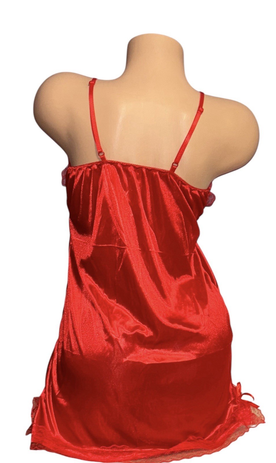 Lipstick Red Shiny Satin Sheer Lace Trim Nightie Nightgown New