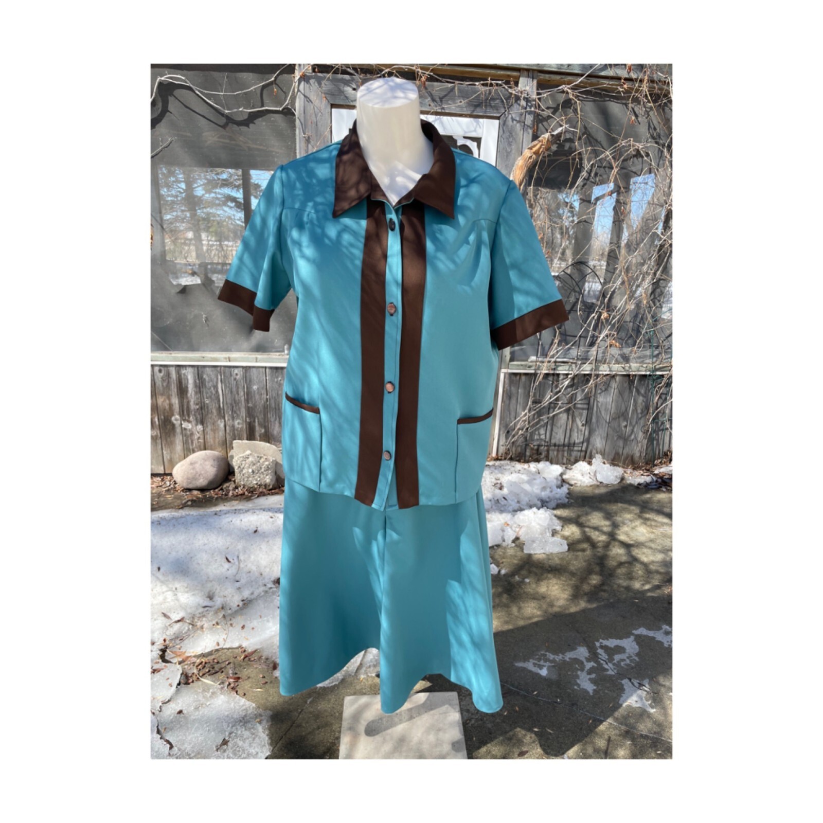 Vintage 60s 70s Blazer & Culottes Set Teal Brown Hand Made Retro Stewardess Vibe
