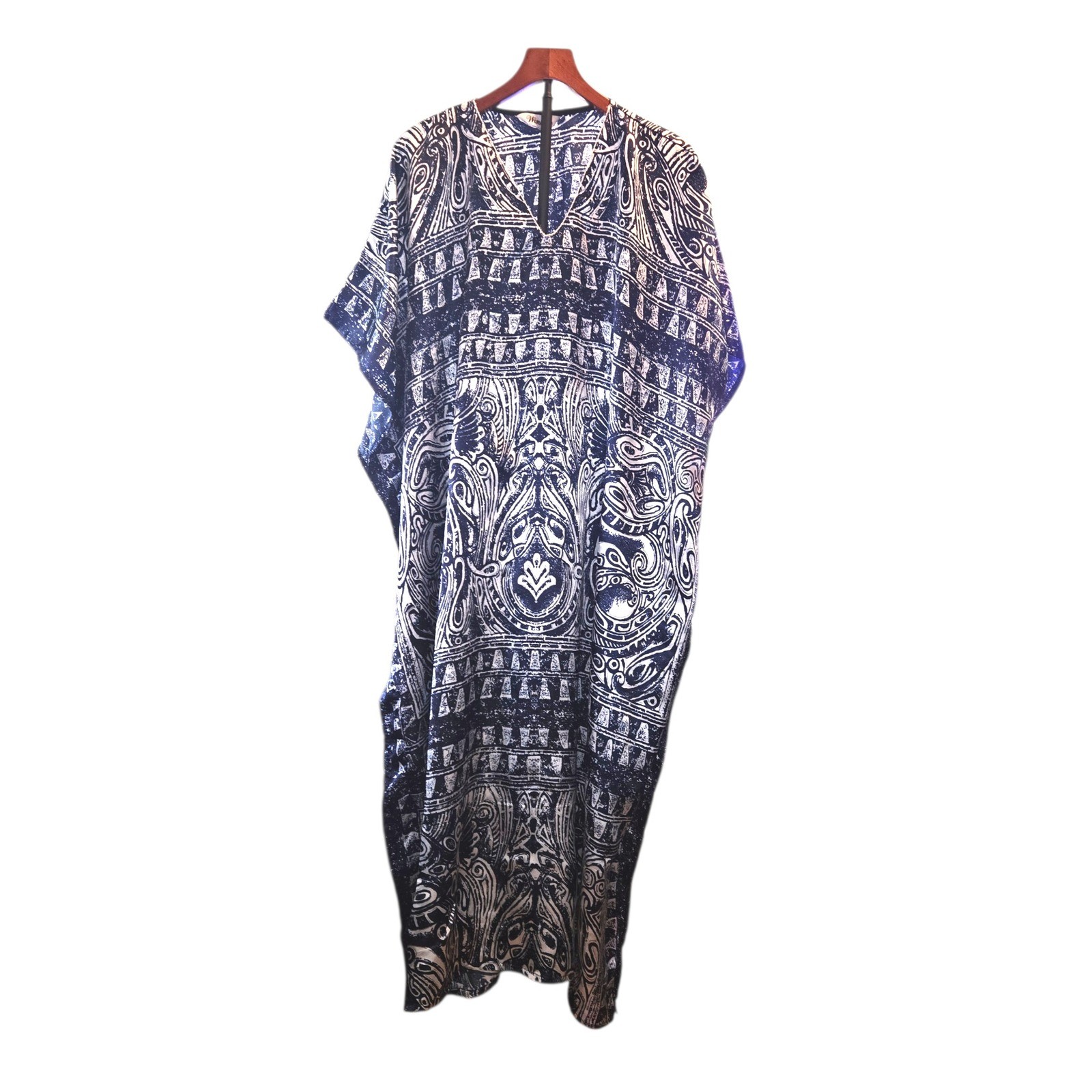 Winlar VTG Caftan MuMu Women OSFA Blue White Abstract Tribal Satin Maxi Dress