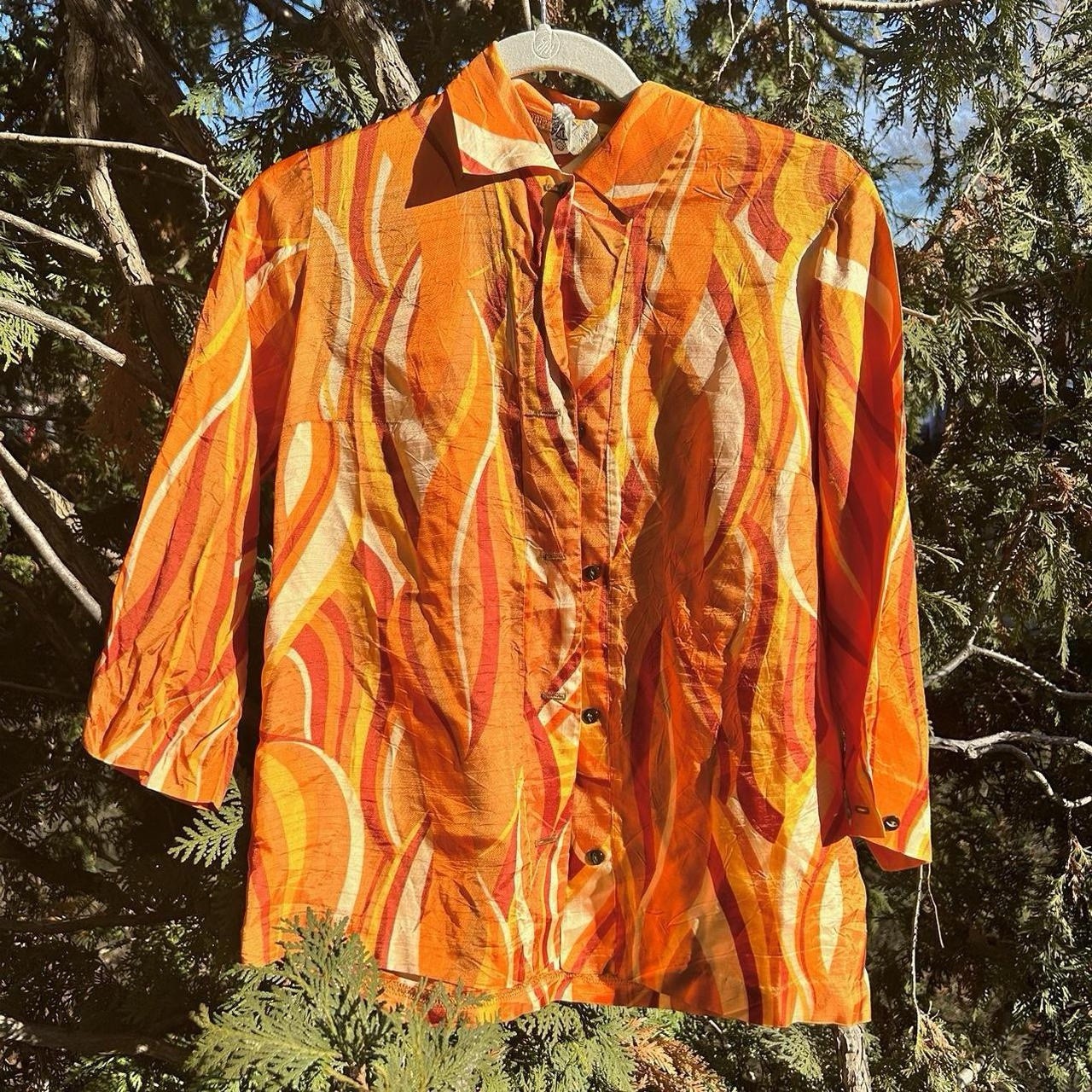Vintage 1970s Groovy Blouse Size Small 9/10 Orange And Yellow Stripes Daisy