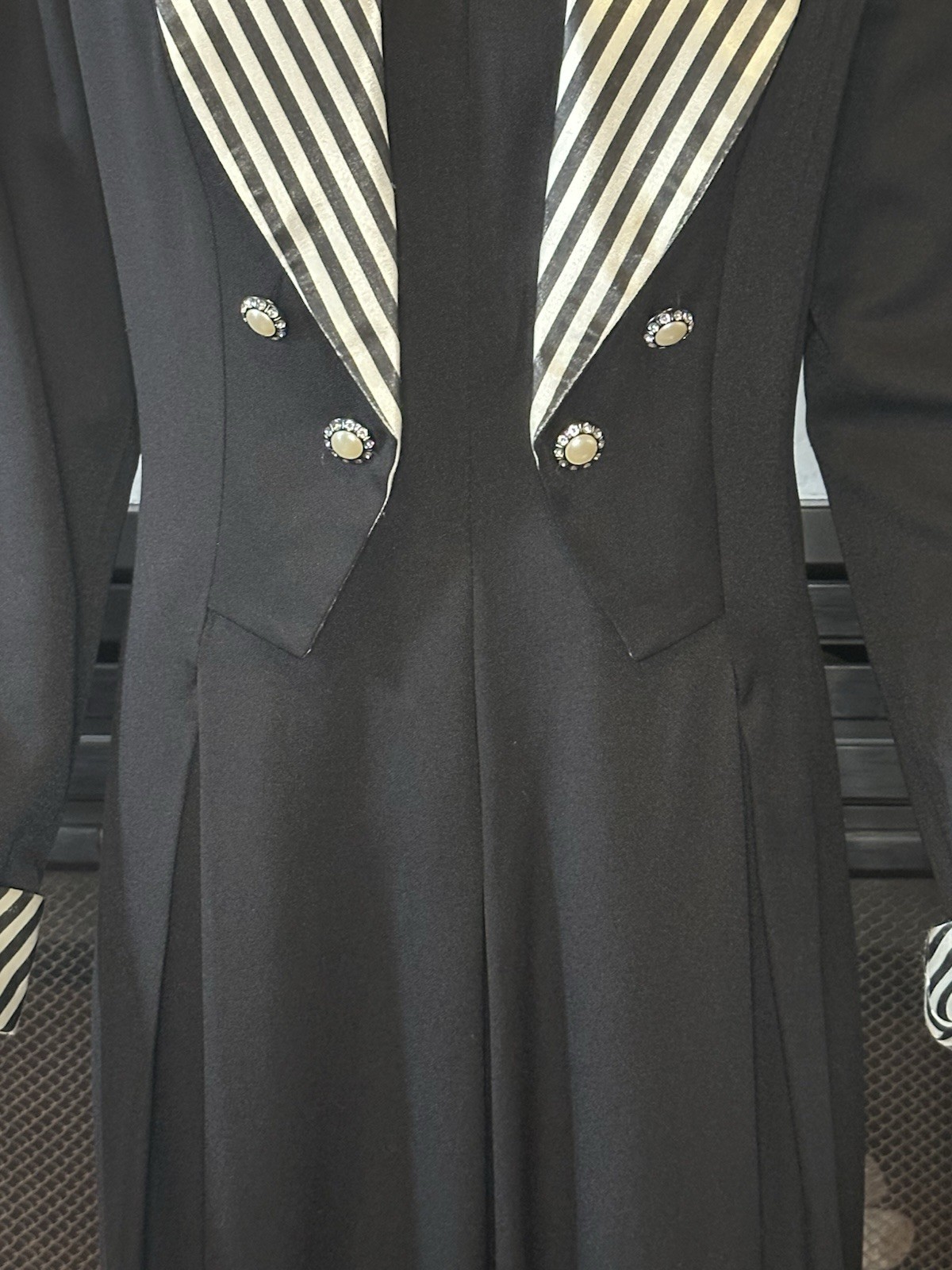 Vintage Black Striped Shawl Collar Wide Leg Palazzo Tie Back Tuxedo Jumpsuit