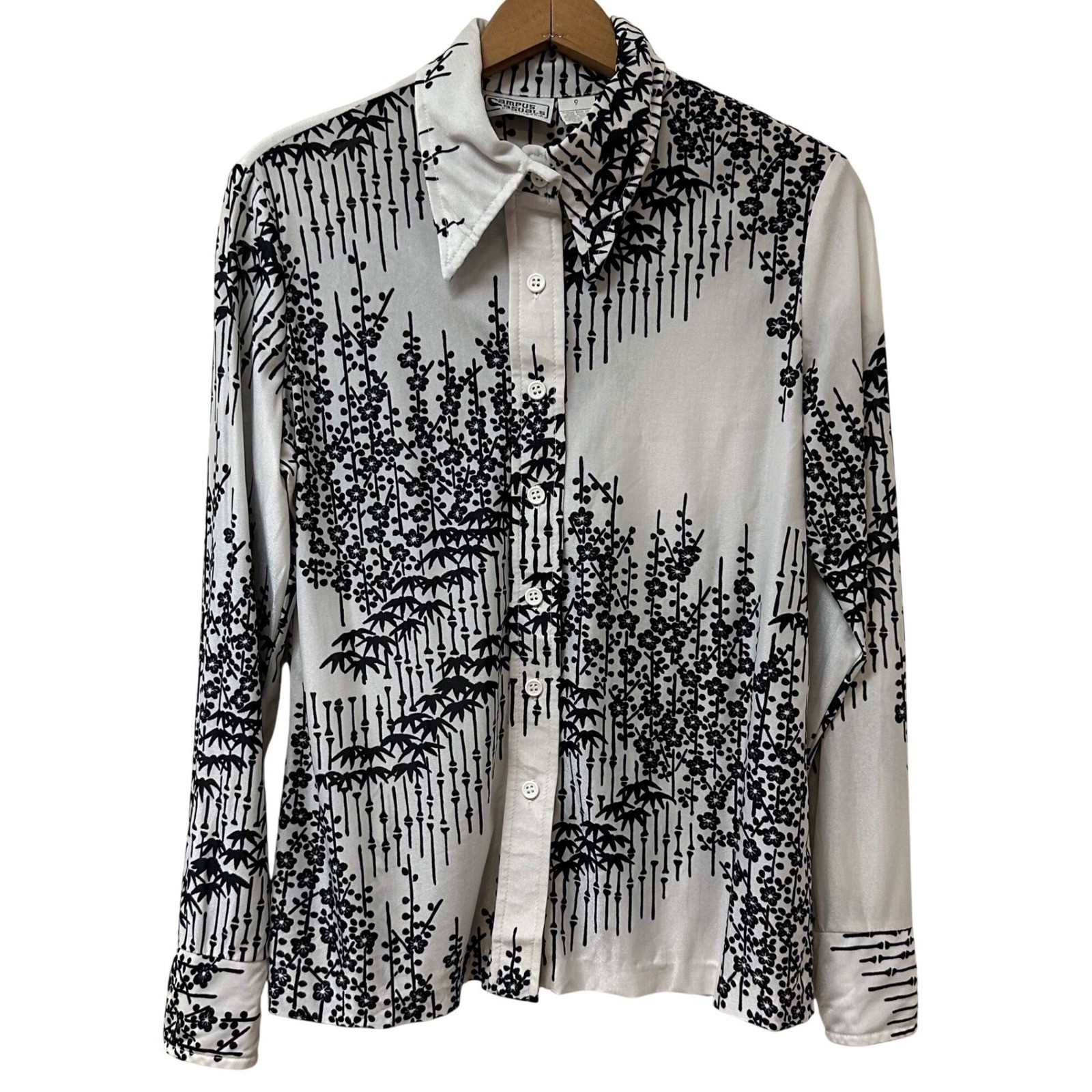 Campus Casuals California Vintage Disco Shirt Dagger Collar Black White Nylon 9