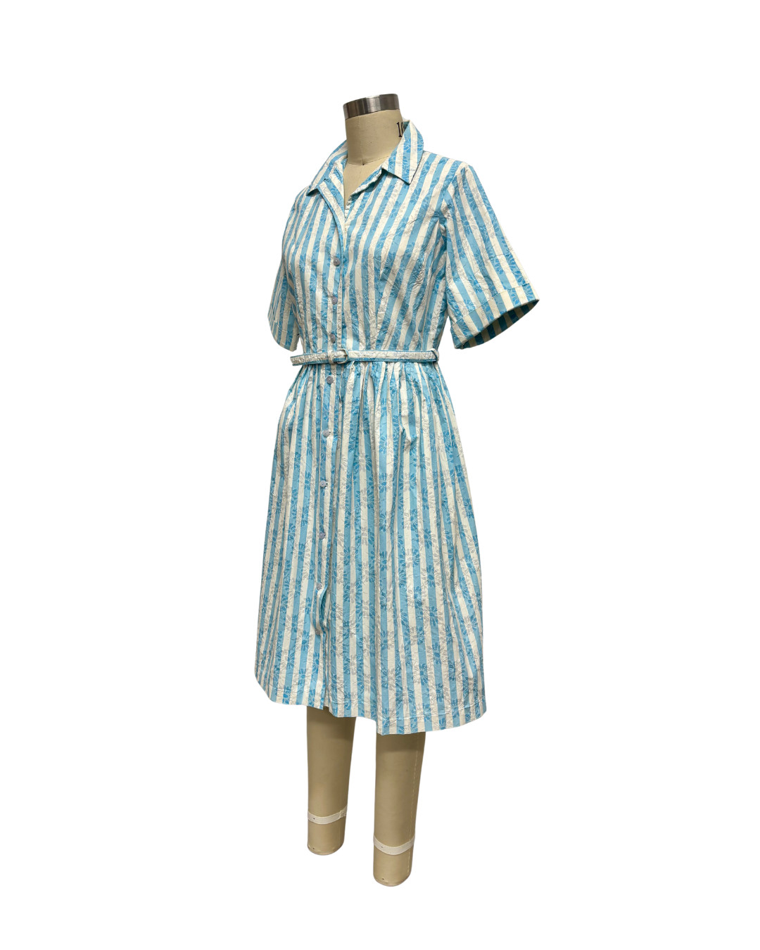 1950s AQUA STRIPED FLOWER EMBOSSED DRESS | 1950s TURQUOISE STRIPED TAFFETA DRESS