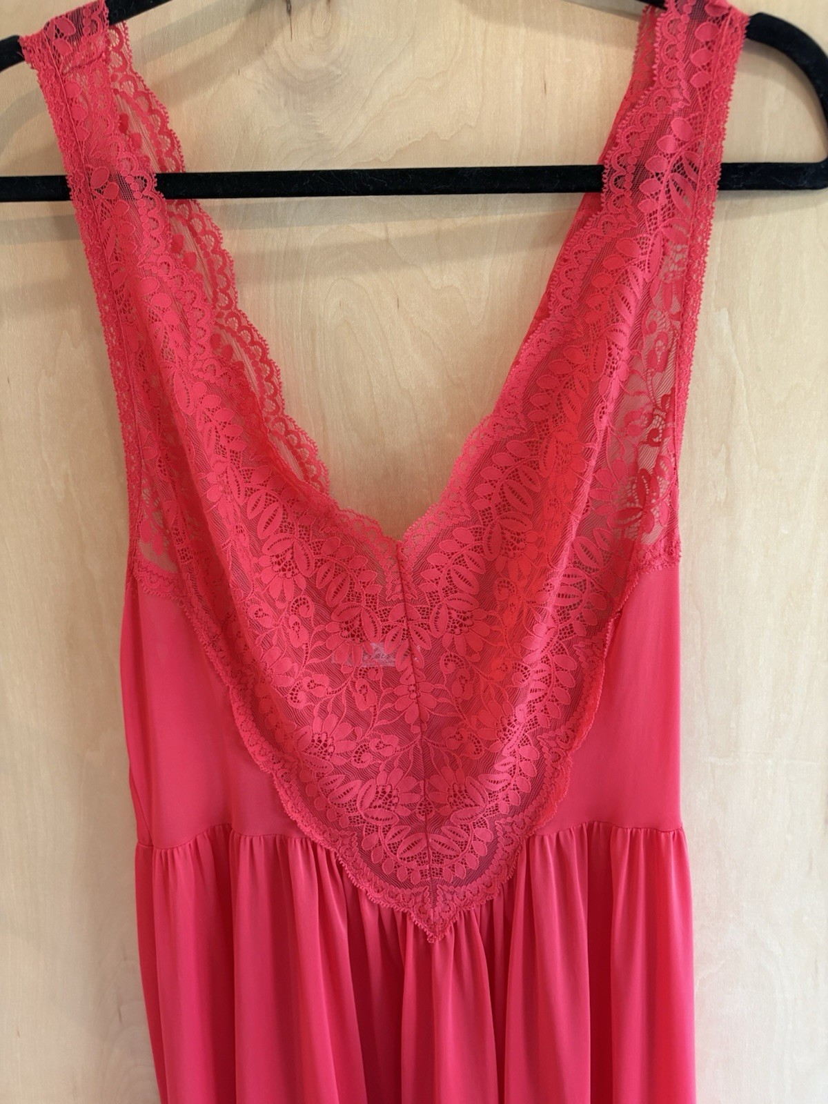 Rare Vtg Miss Elaine Red Nylon Chiffon Nightgown Stretch Lace Bodice 36” Bust