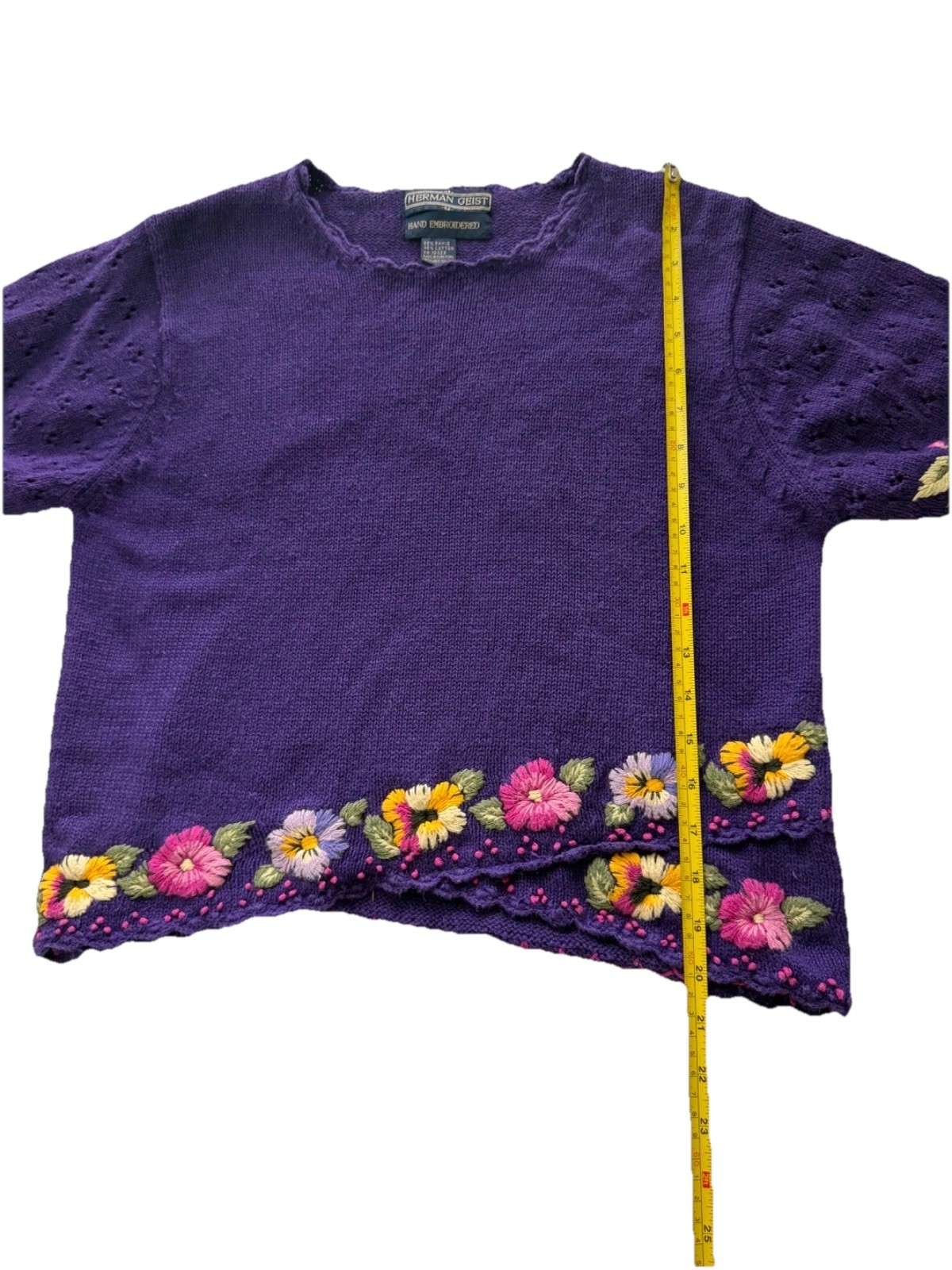 Vintage 90s Hand Embroidered Medium Purple Floral Top Boho Artisan CottageCore