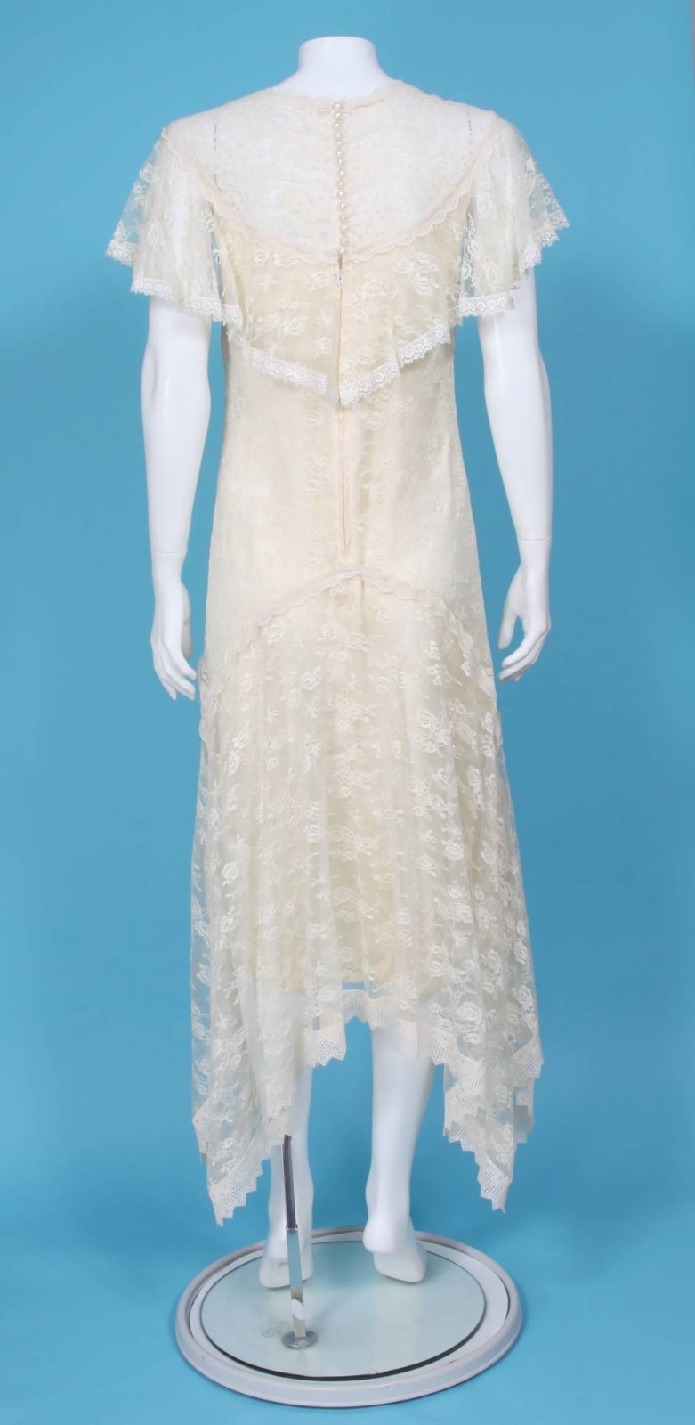 Vtg 1970s does 30s Lace Drop Waist Goddess Wedding Dress Flutter Sleeve 3/4 /610