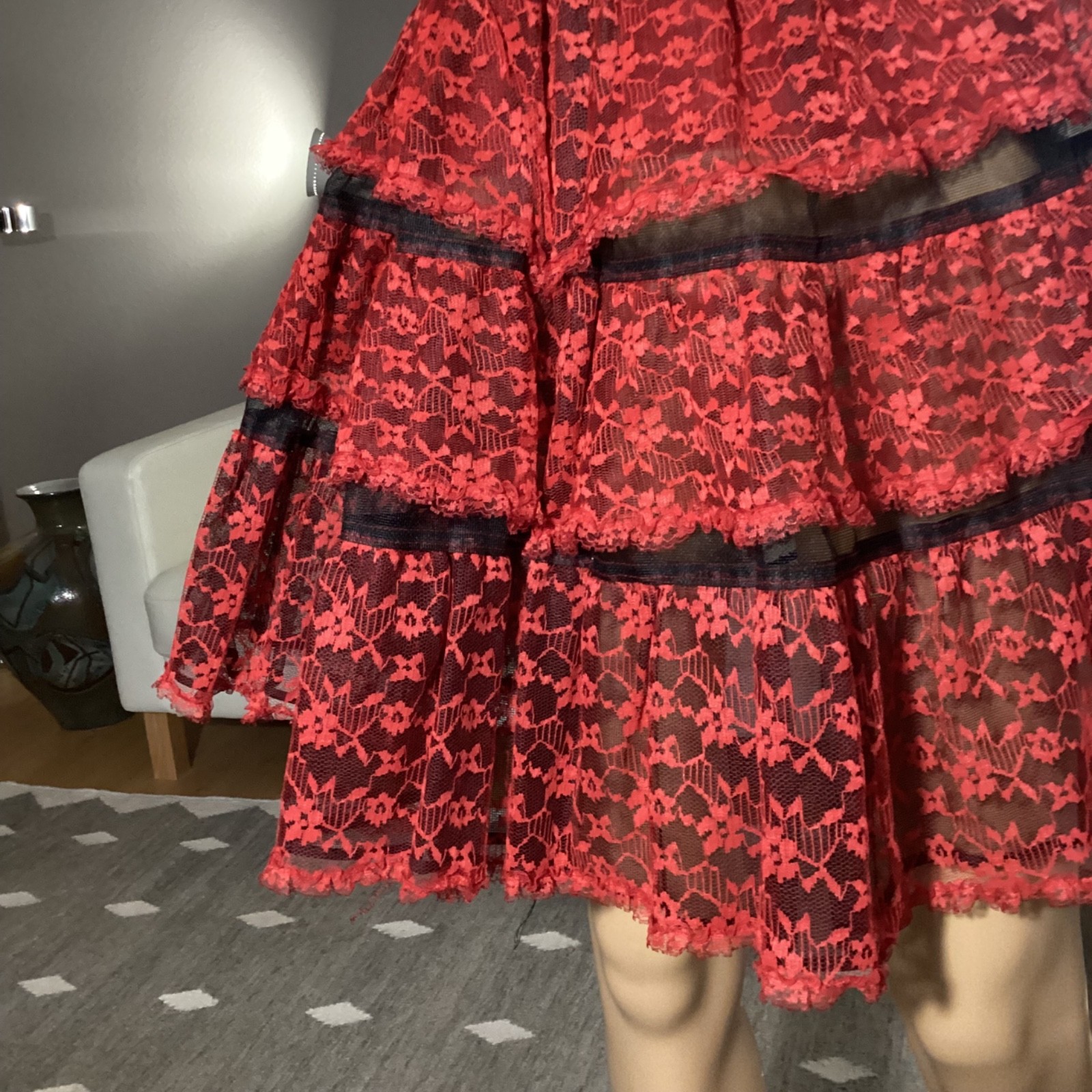 Vintage 50’s Stern Maid Red & Black Lace Tiered Rockabilly Petticoat Skirt