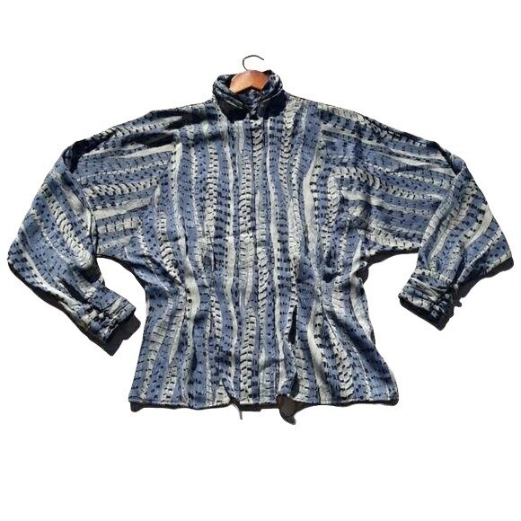 Vintage Tess Blouse 12 Blue Python Mock Neck Bishop Romeo Renaissance Rare
