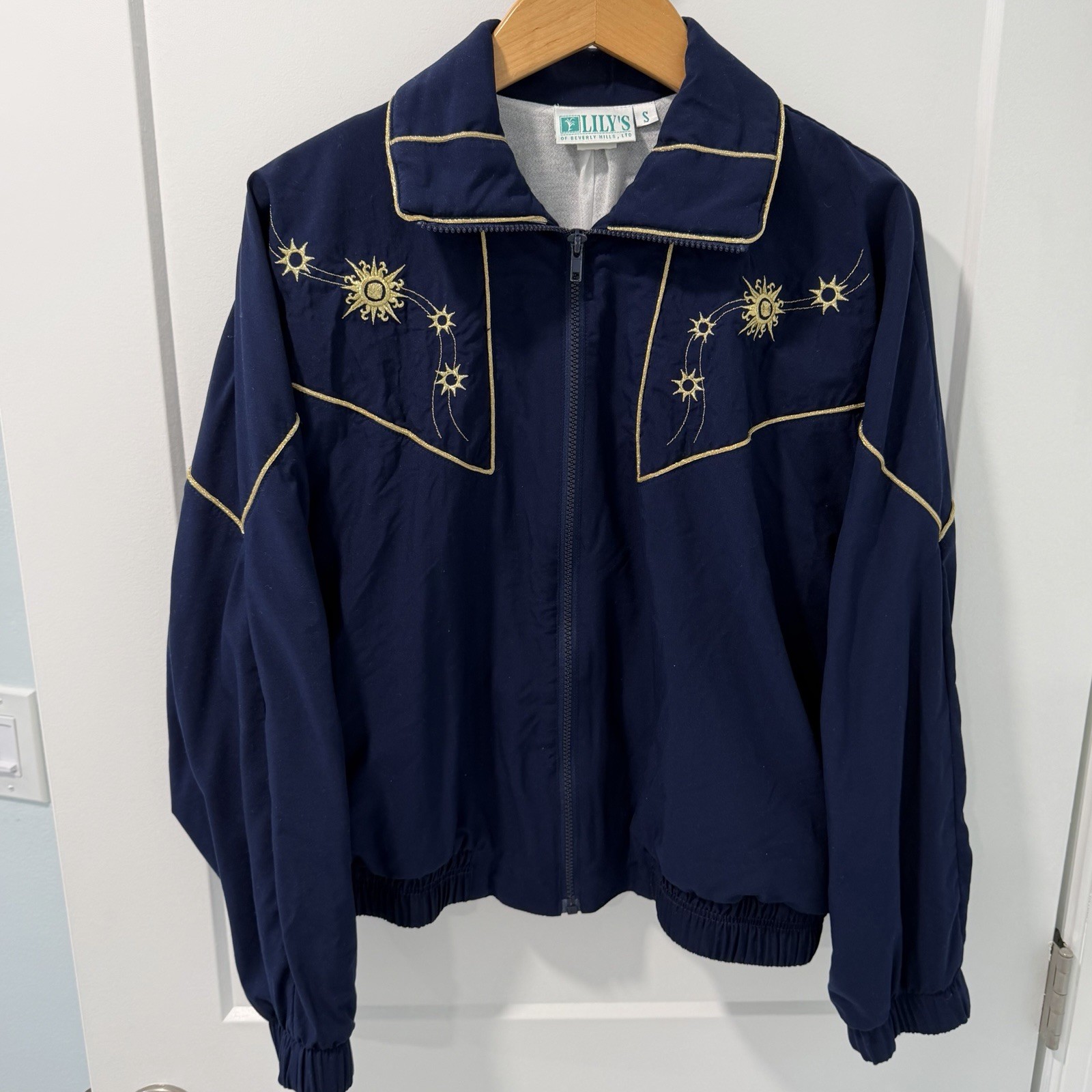 VTG Lily’s of Beverly Hills Blue Gold Sun Stars Celestial Bomber Windbreaker (S)