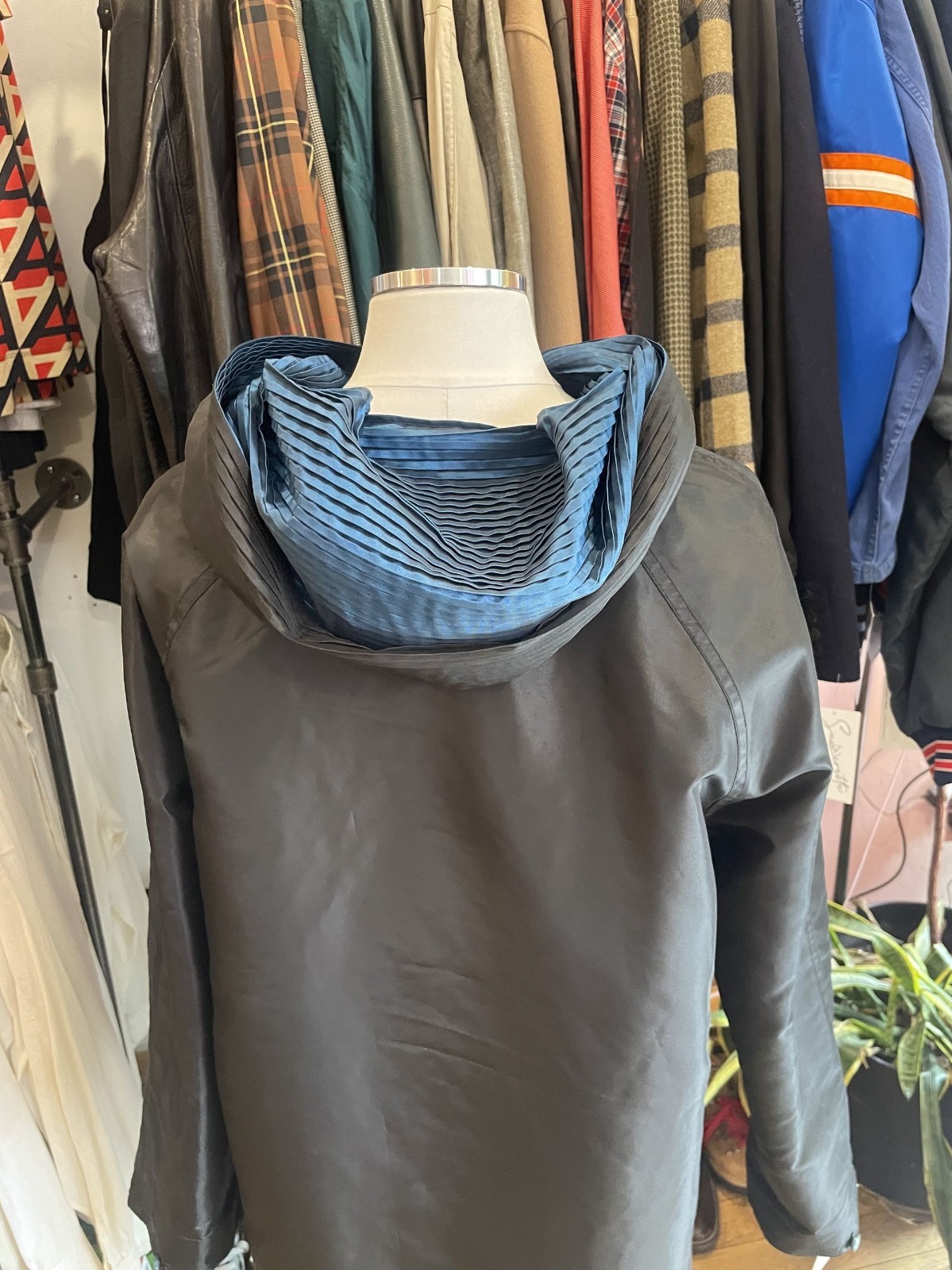 *Reversible* Blue and Black Windbreaker material long trench with pleated hood—M