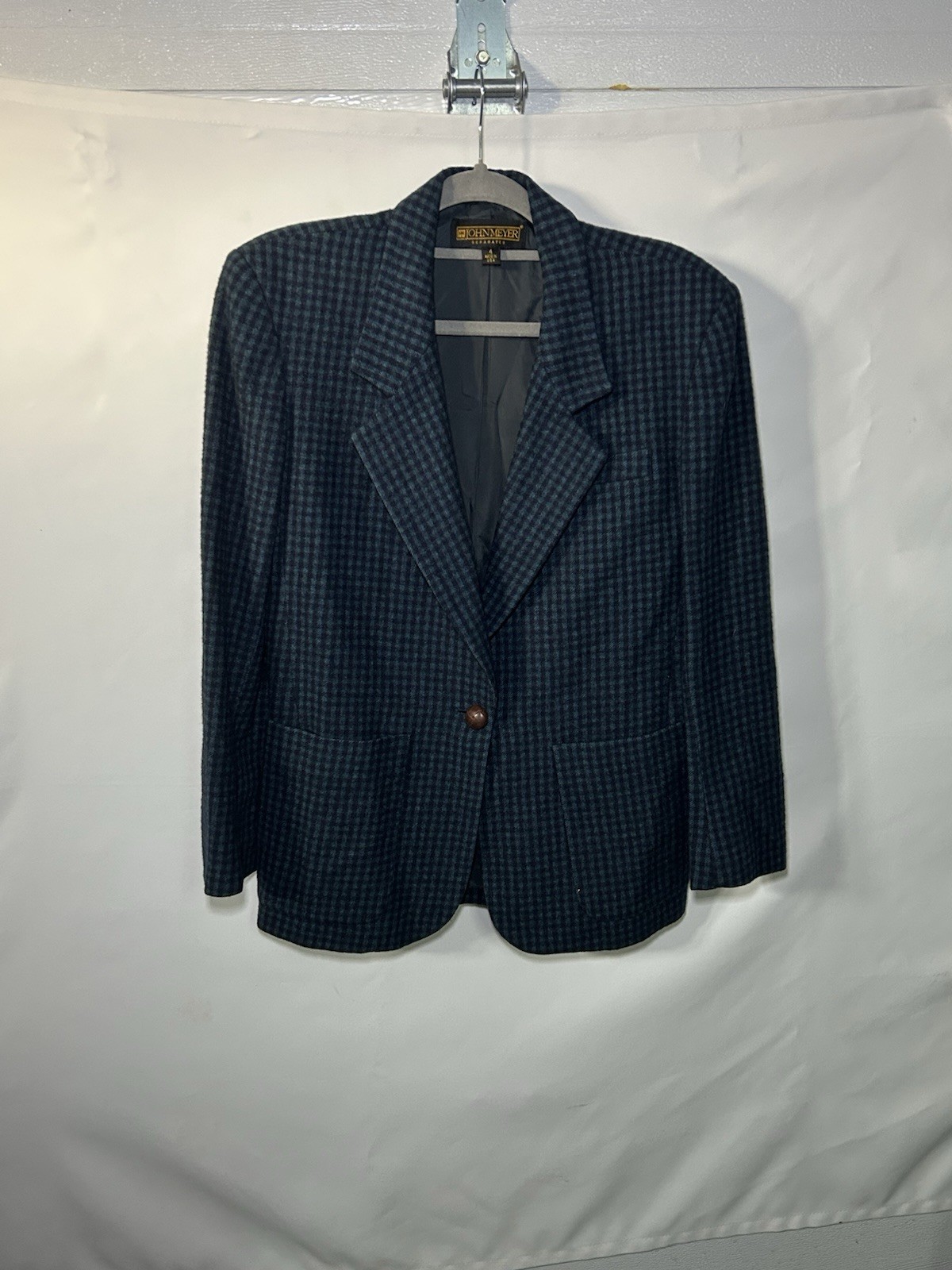 John Meyer 100% Camel Hair Blazer Women’s 4 Blue Houndstooth Made in USA Vintage