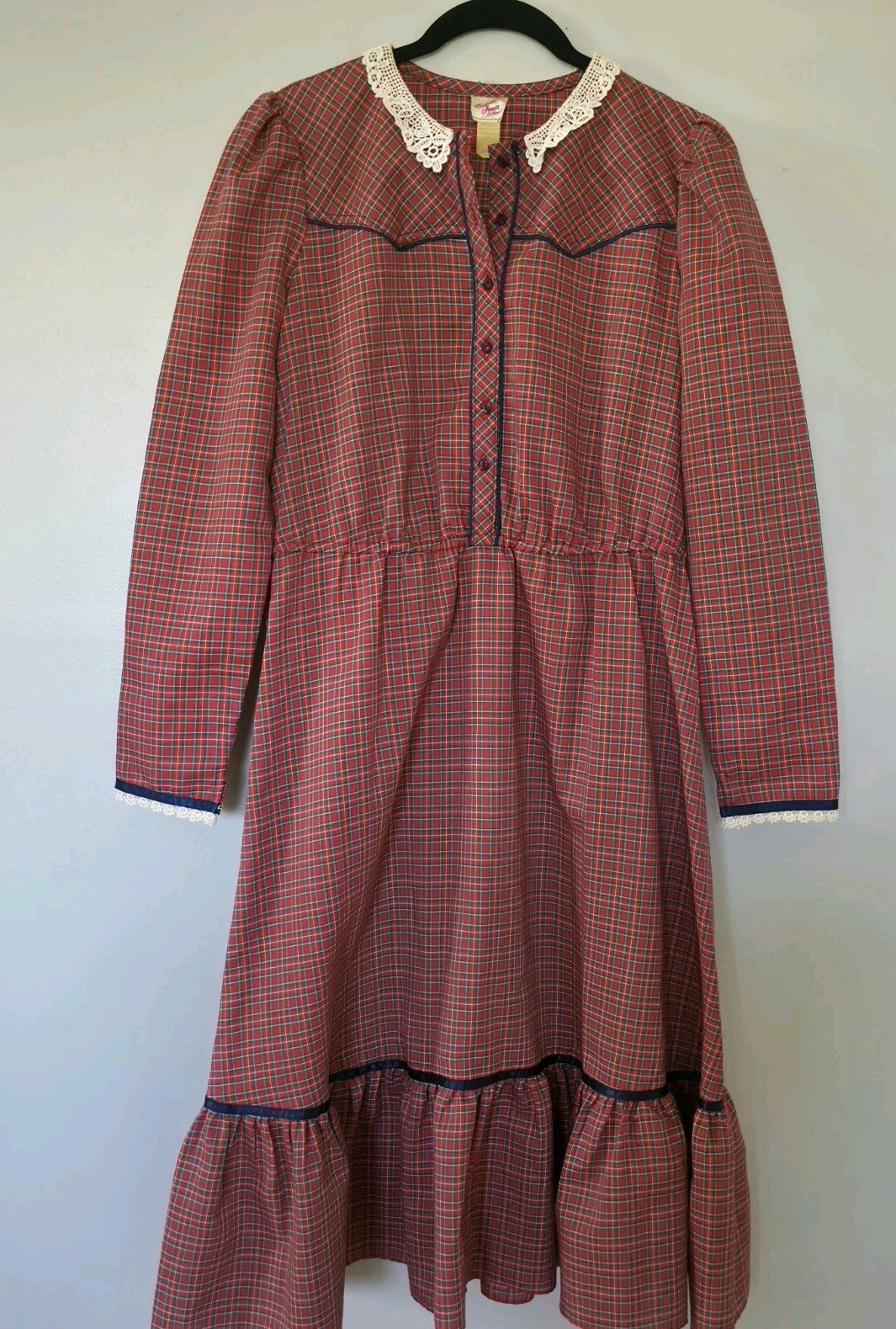 VTG 70s Candi Jones California Plaid Prairie Dress Cottagecore Lace Red Womens 9