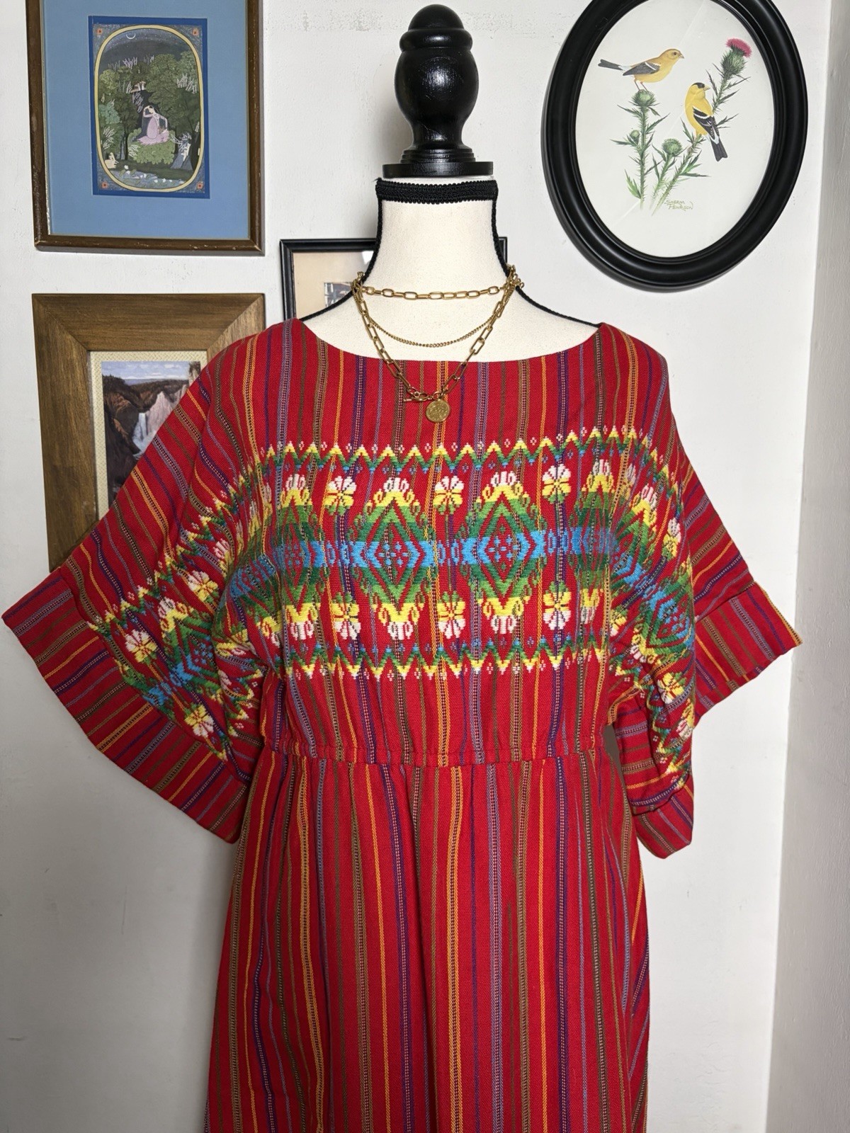 Vintage 60s 70s Guatemalan Embroidered Maxi Dress S/M Handmade Folk Art Red