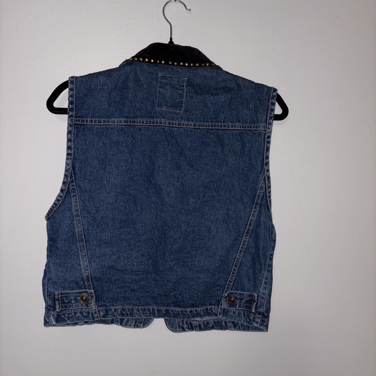 Vtg Studio Wear Denim Zip Vest Sz M Black Faux Velvet Collar & Pkts W/studs