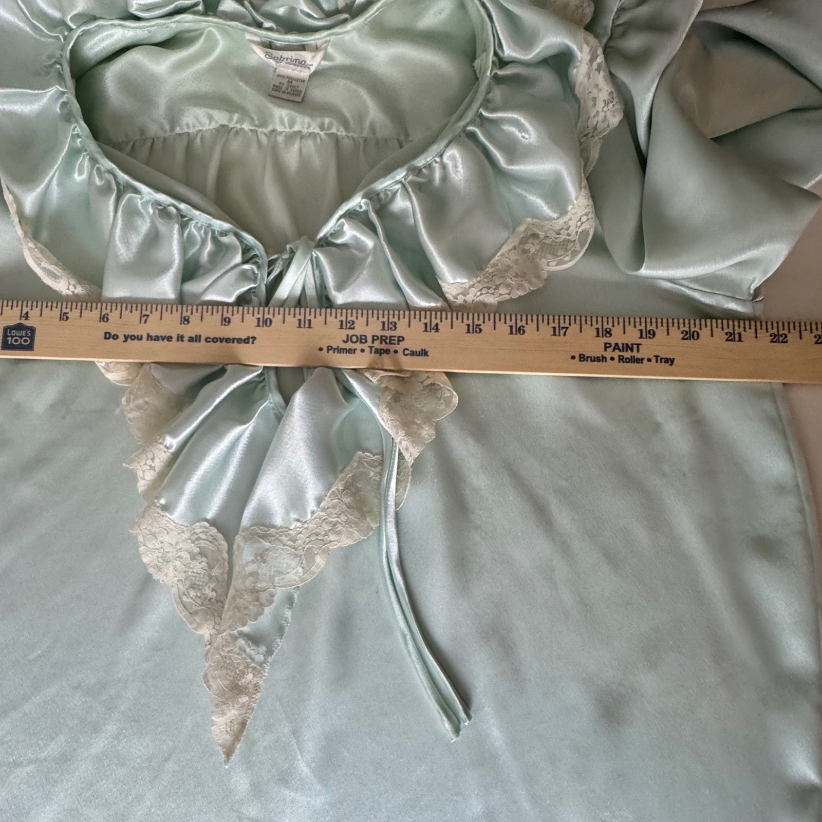 Vintage 80s Sabrina by Mervyn’s Mint Green Satin Lace Ruffle Nightgown Coquette