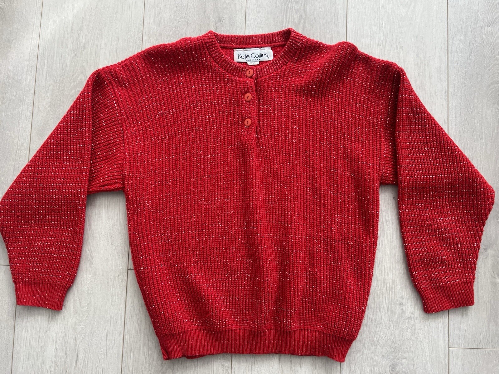 Vintage Kate Collin’s Red Metallic Knit Sparkle Lurex Lamé Sweater Size Small