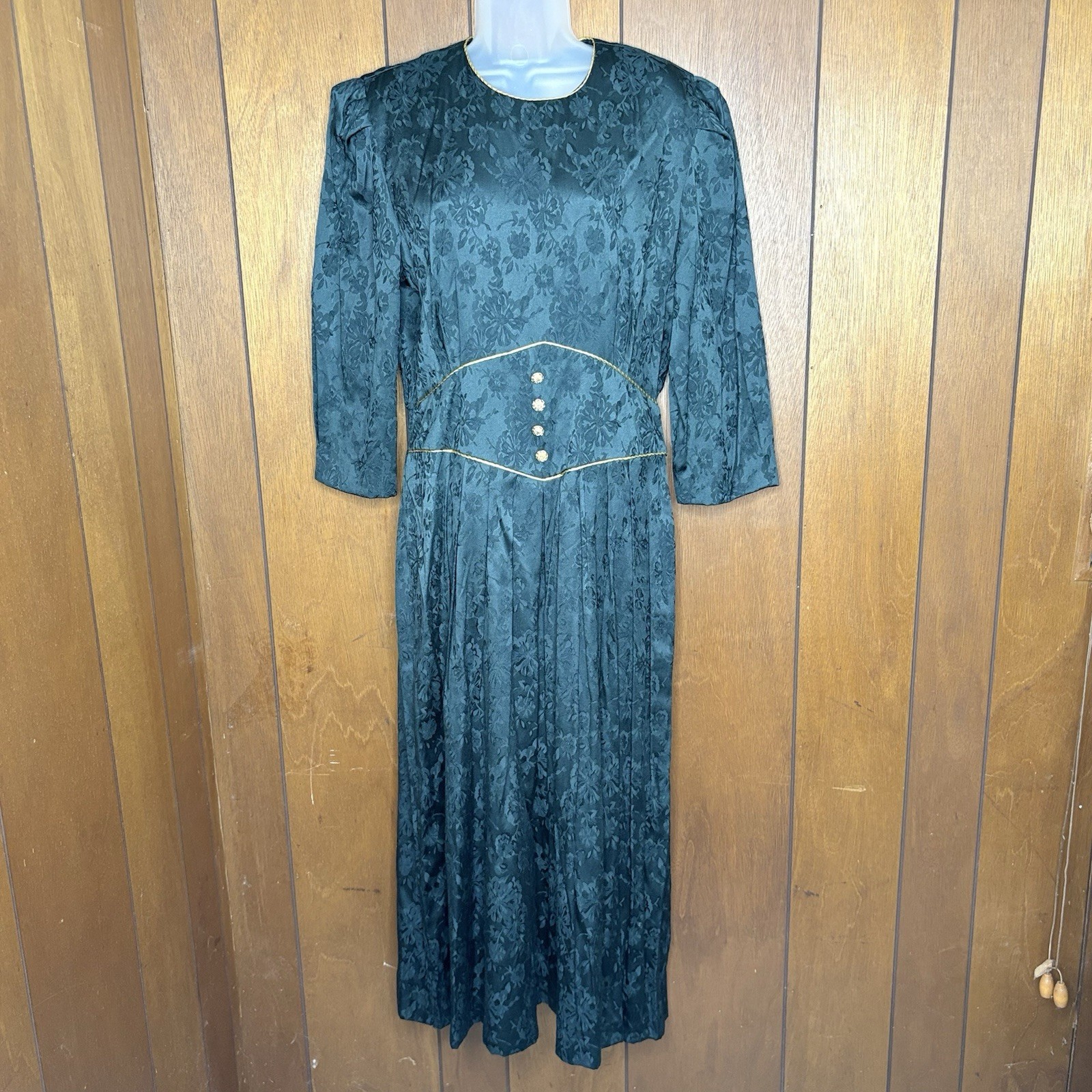 Vintage 80s Miss Dorby Dress Women’s 14 Green Jacquard Cottagecore Regency Fairy