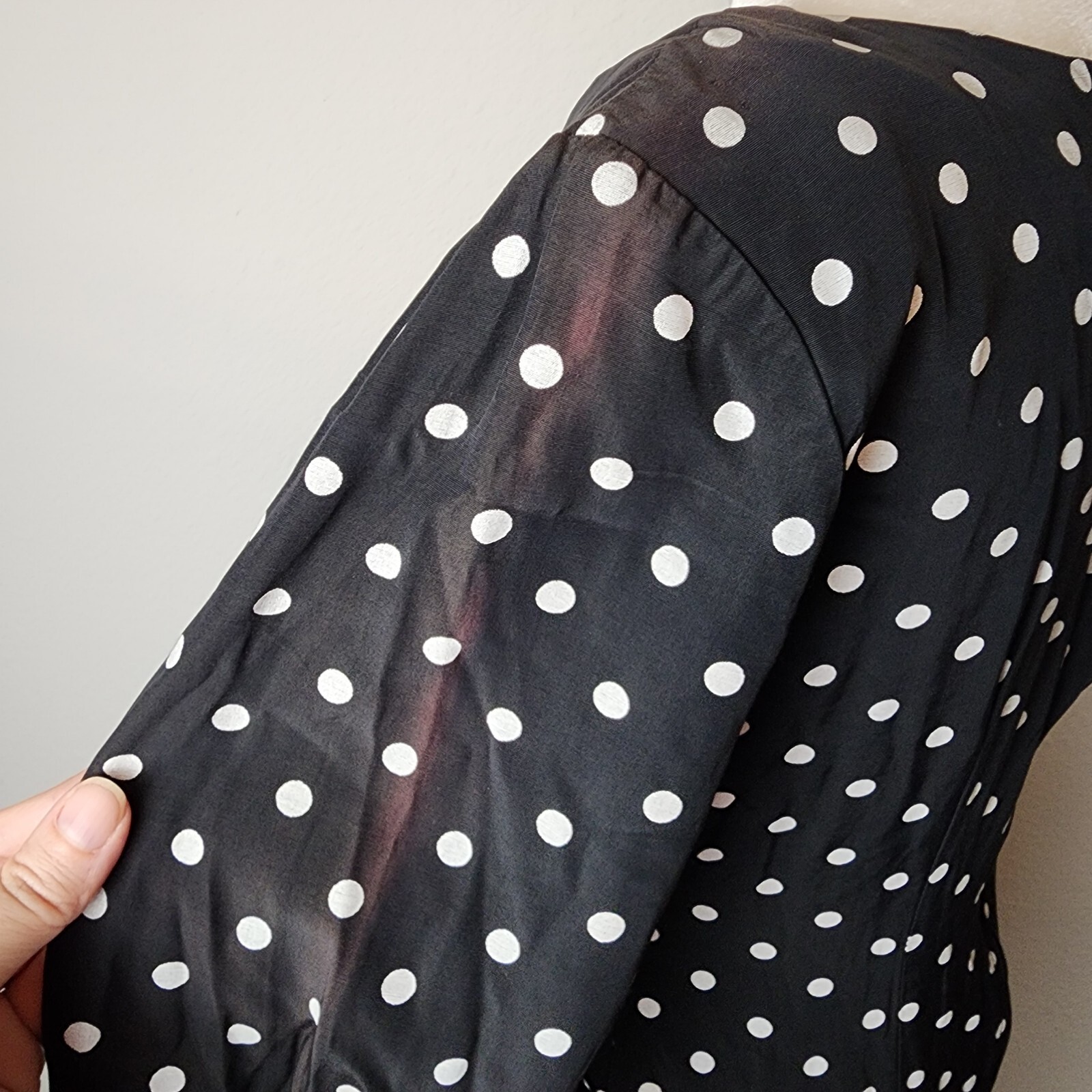 Vintage 80s 1940s DiamondsRun Black White Midi Pencil Dress Long Sleeve PolkaDot