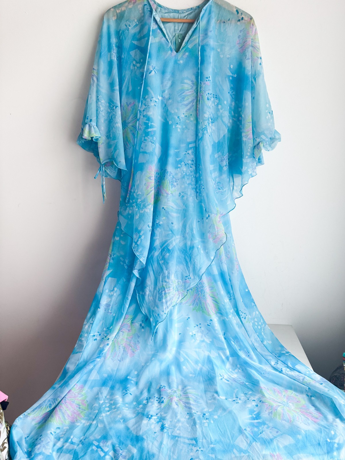 Vintage Sky Blue Maxi Dress With Cape Bodice Modest Mother of Bride Wedding S