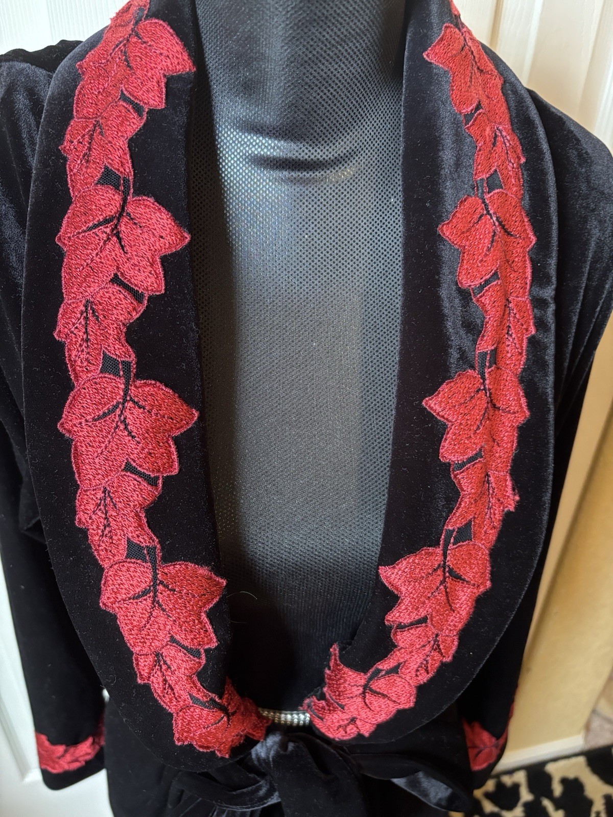 Diamond Tea Vintage Robe Long Black Velvet with Red Floral Design