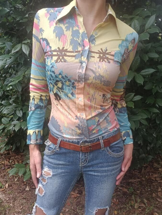 vintage 70s women polyester SULTRA Faun In The Woods shirt size med psychedelic