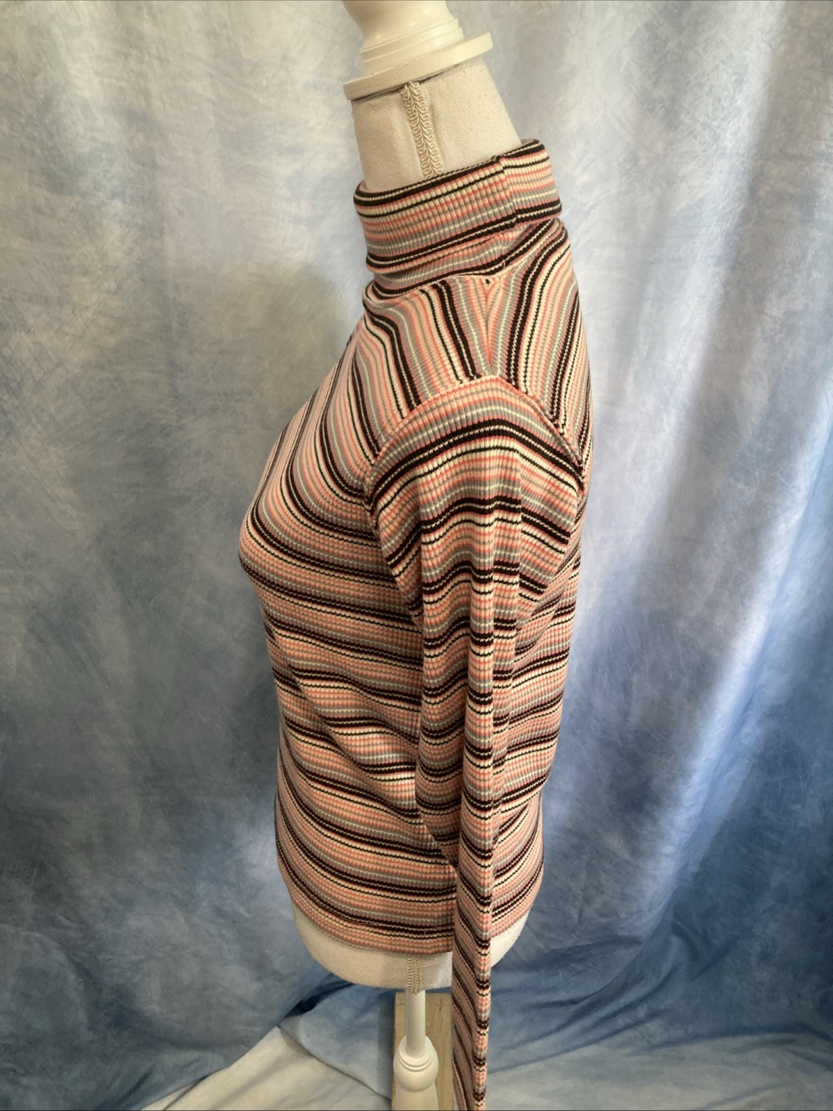 VTG 80s 90s Paris Sport Club Striped Turtleneck Grunge Ribbed Top Gorpcore Small