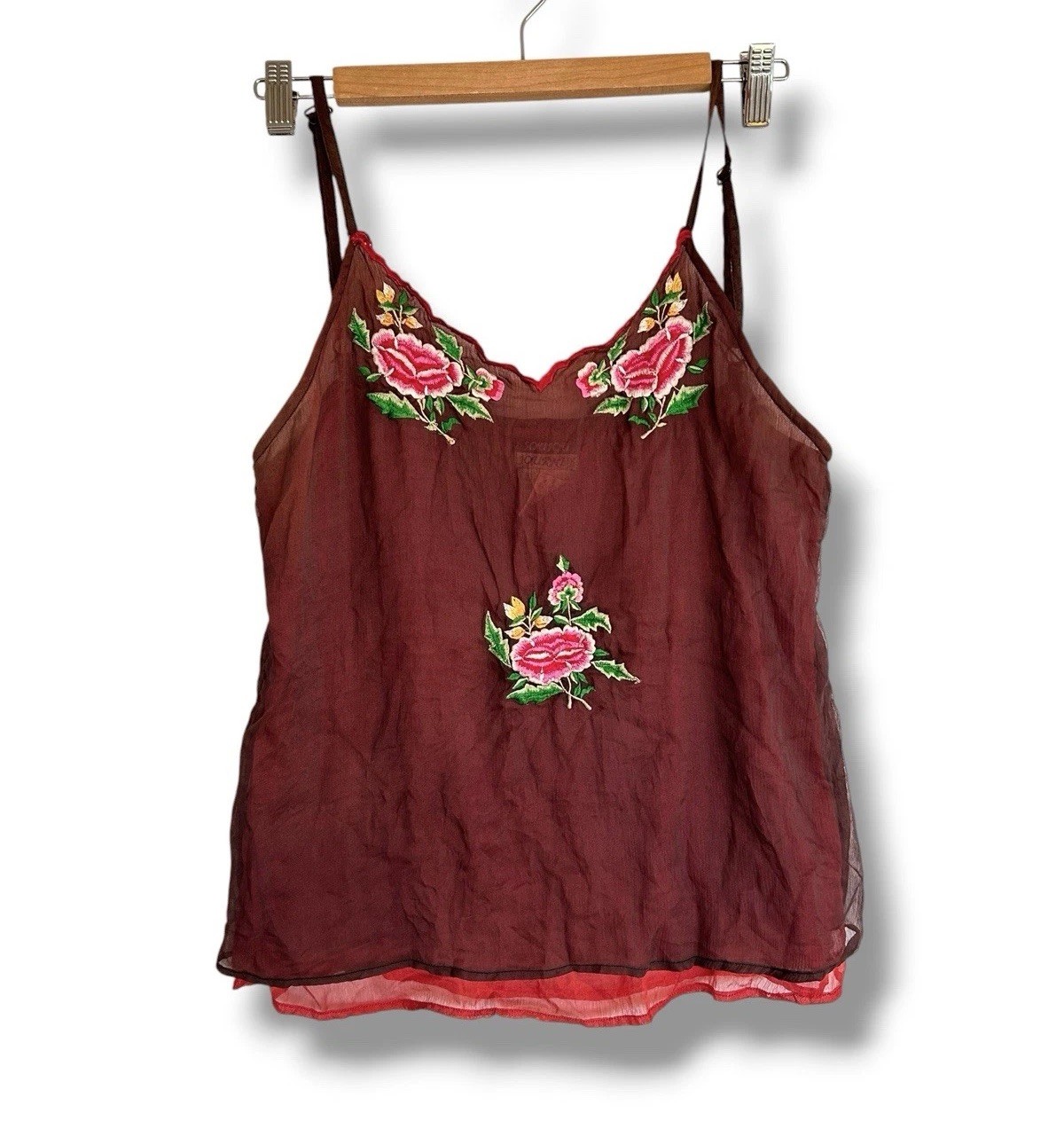 Vintage Y2K JouJou Rayon Embroidered Roses Cami Tank Top Whimsigoth Romantic 90s