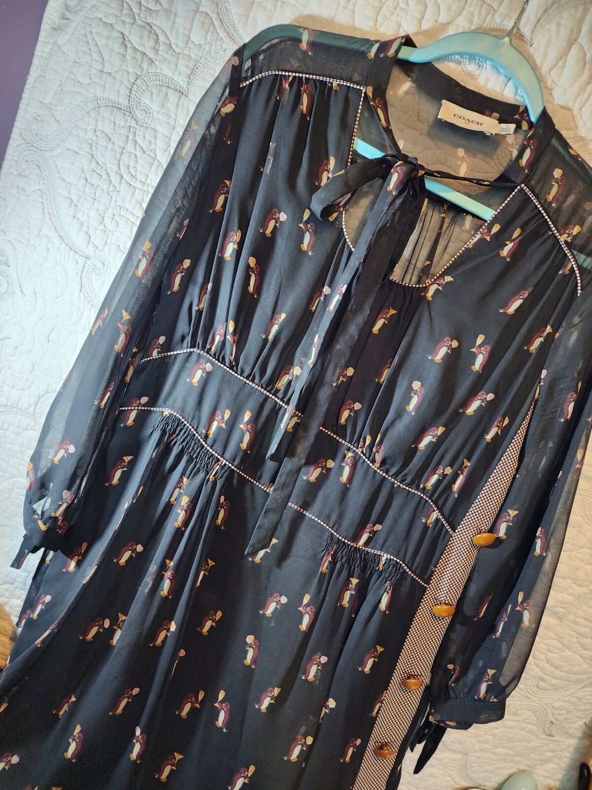 RARE Coach Neck Tie Dress Penguin holding champagne glass Rare print SZ 10.
