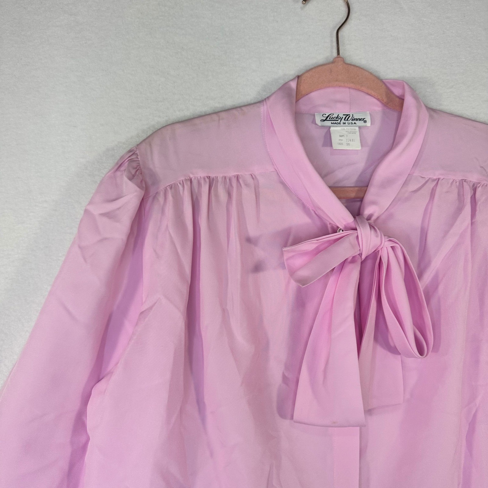 Vintage Lucky Winner Pink Tie Neck Blouse Long Sleeve Secretary Top Size 38 USA