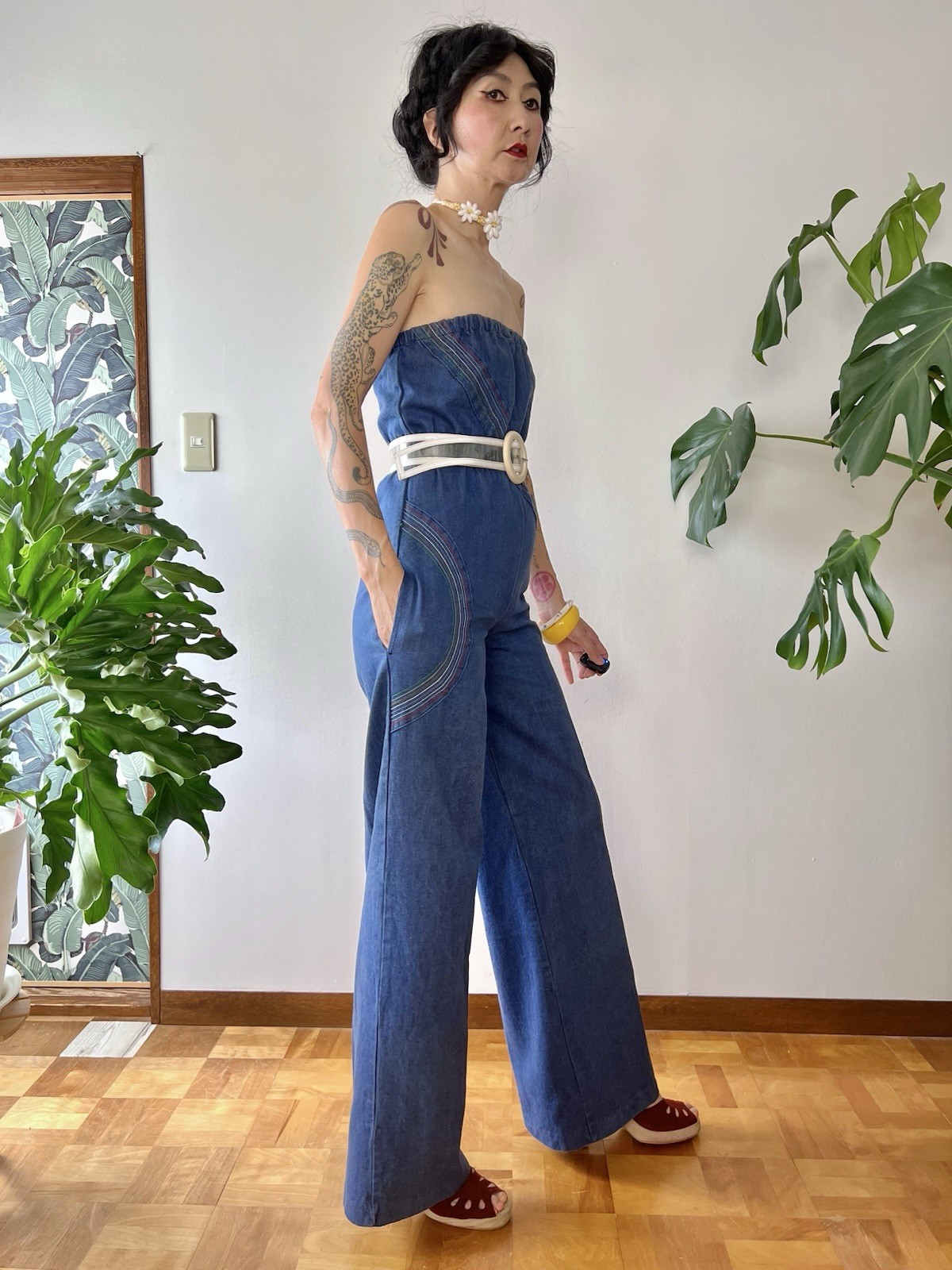 1970s Happy Legs Rainbow Chain Stitch Strapless Denim Jumpsuit Wide Leg XS/S