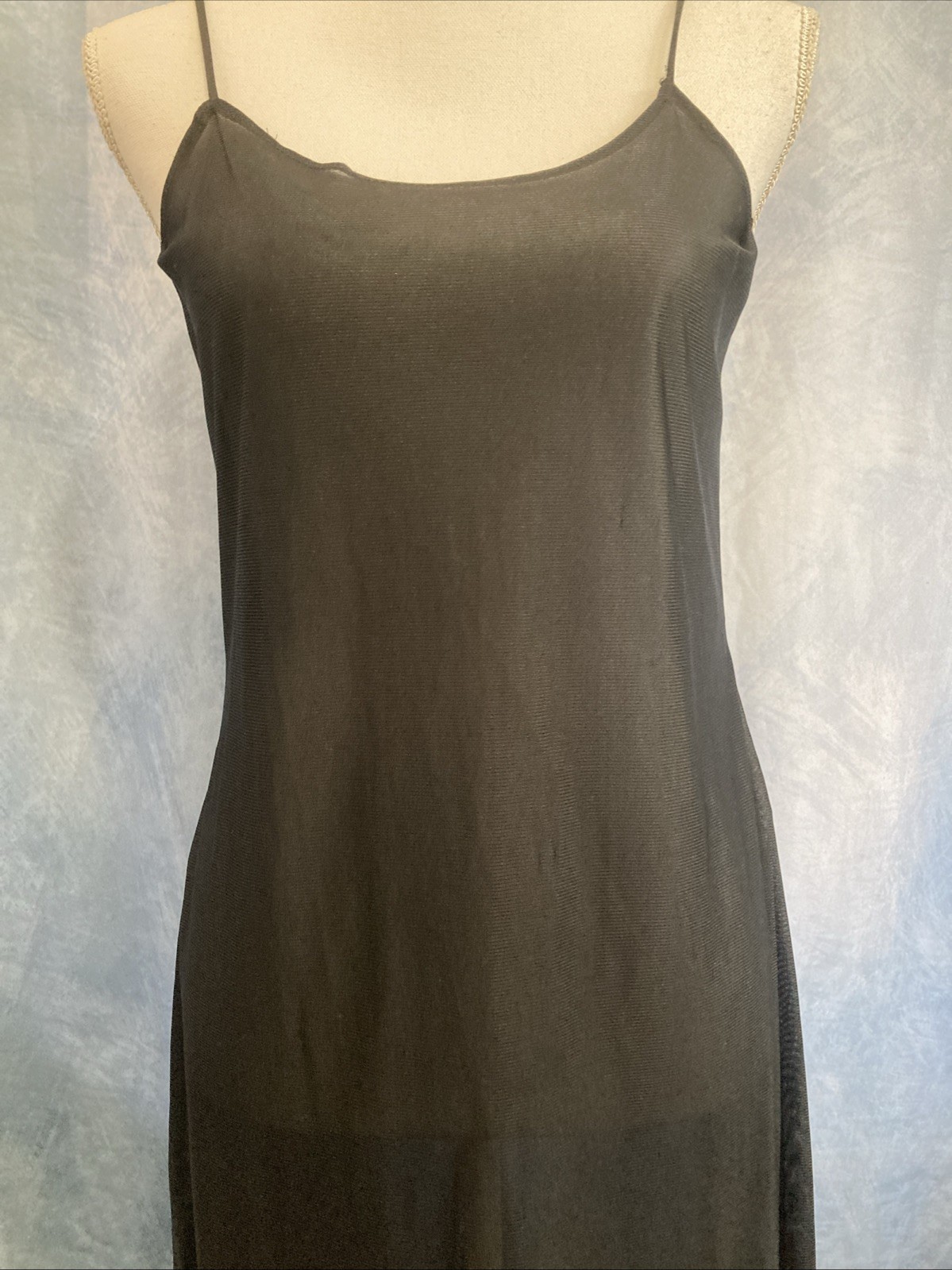 Vtg 90s Black Slip Dress Coquette Rayon Mesh Knit Sheer Maxi Grunge Minimal XS