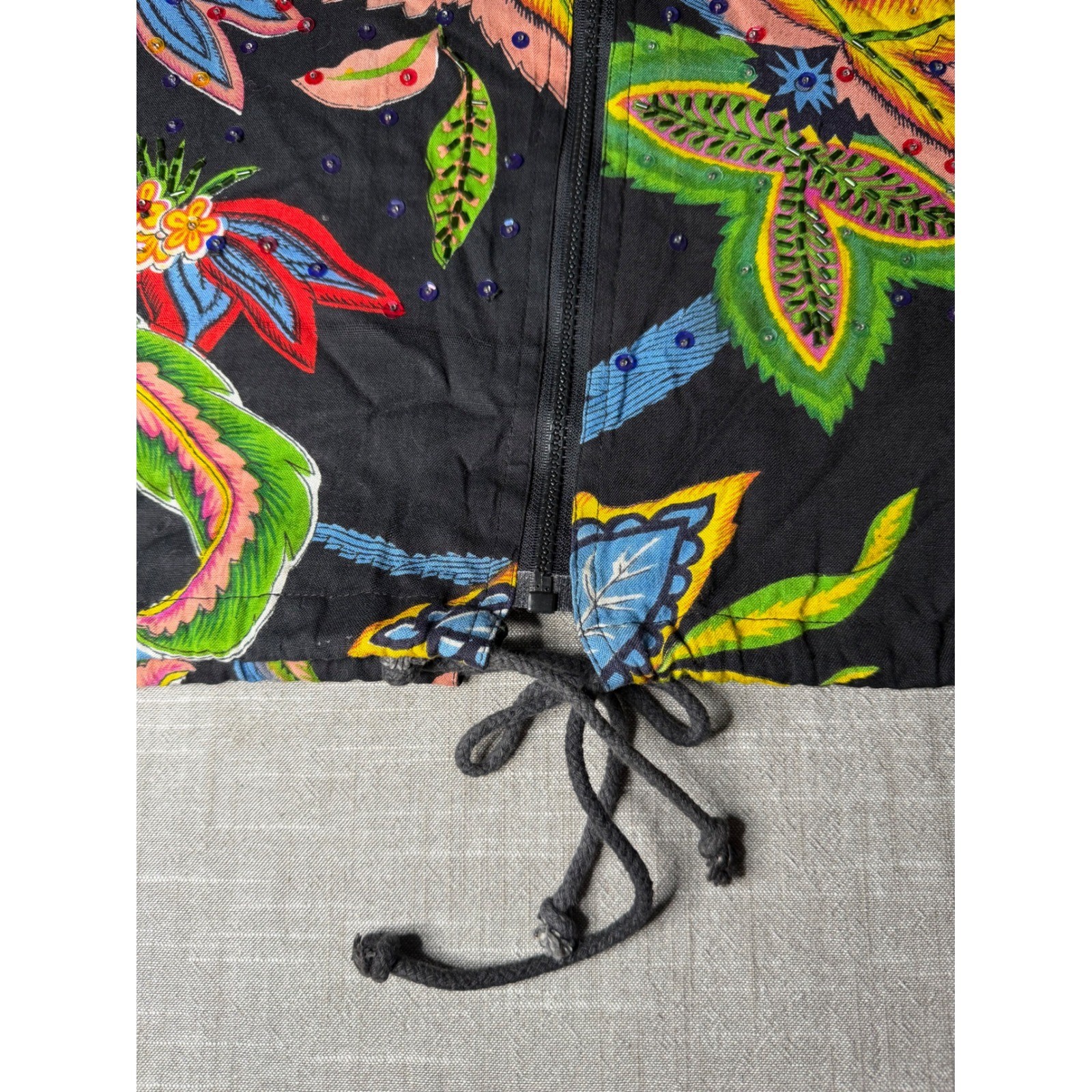 Speed Limit MPH Vintage Floral Sequin Beaded Crop Bomber Jacket Black Medium