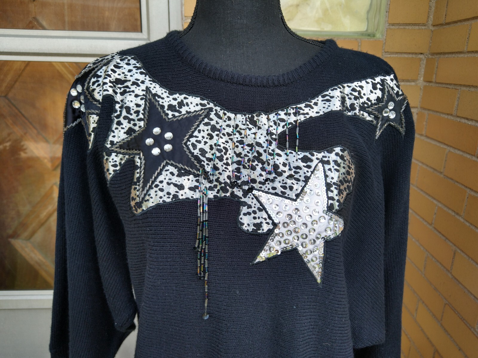 Vintage 80’s womens sweater black silver beaded star disco rhinestone M/L