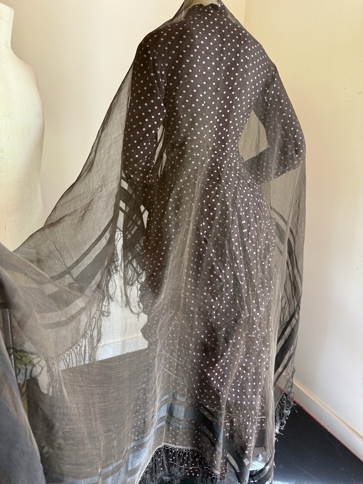 ANTIQUE 1860 CIVIL WAR ERA SHEER SILK FRINGED SHAWL WITH RIBBON WEAVE DETAIL
