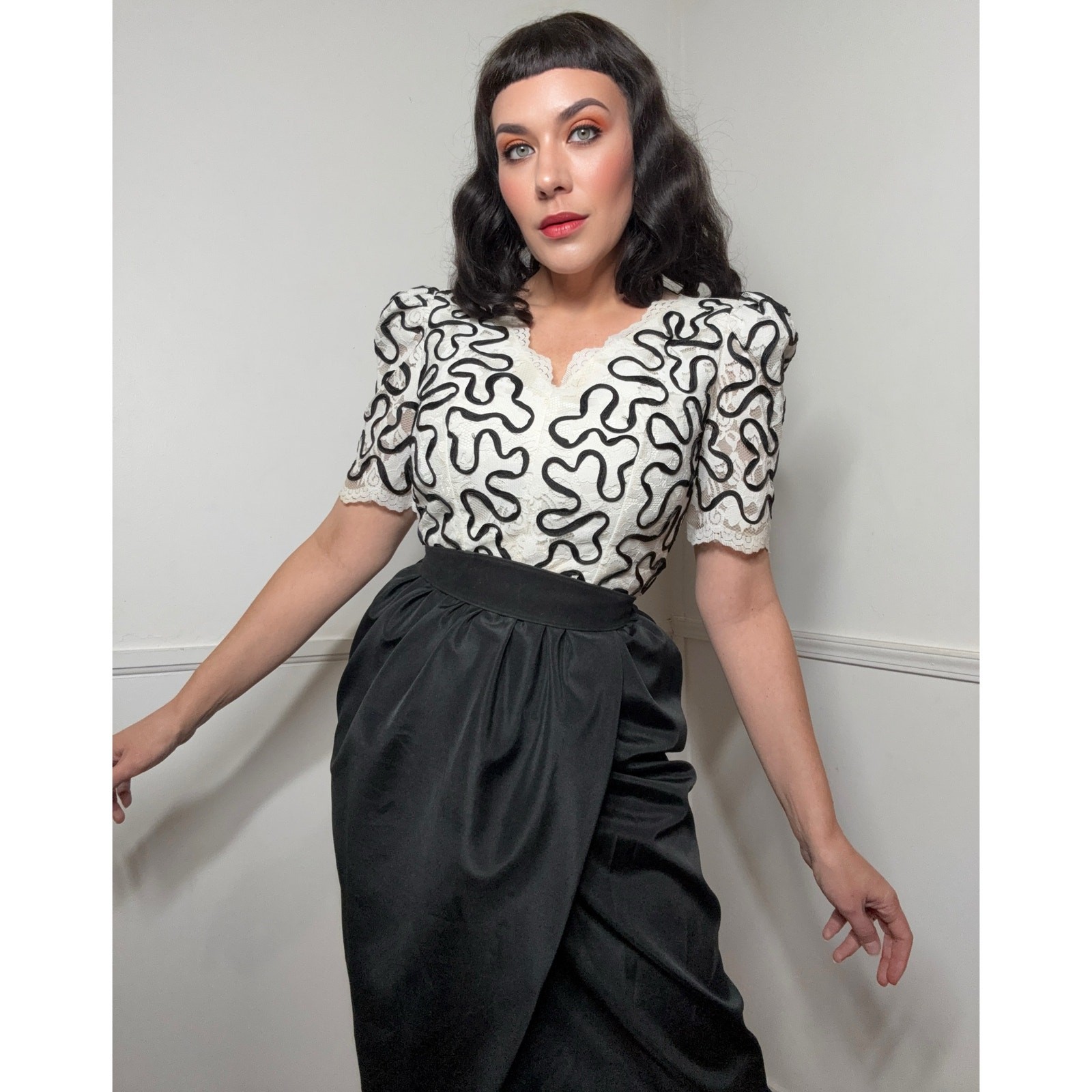 Small 1980s Vintage Black and White Lace Dress by Huey Waltzer for Darcy