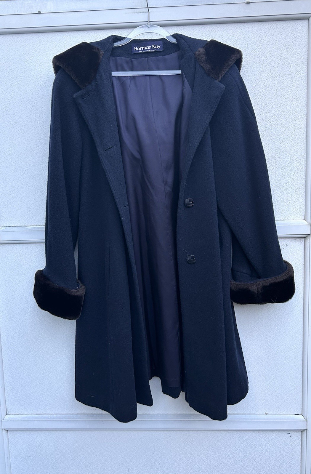 Vintage Coat Women 100% Wool Fur Trim Navy Blue Penny Lane Hood Sz 10 Herman Kay