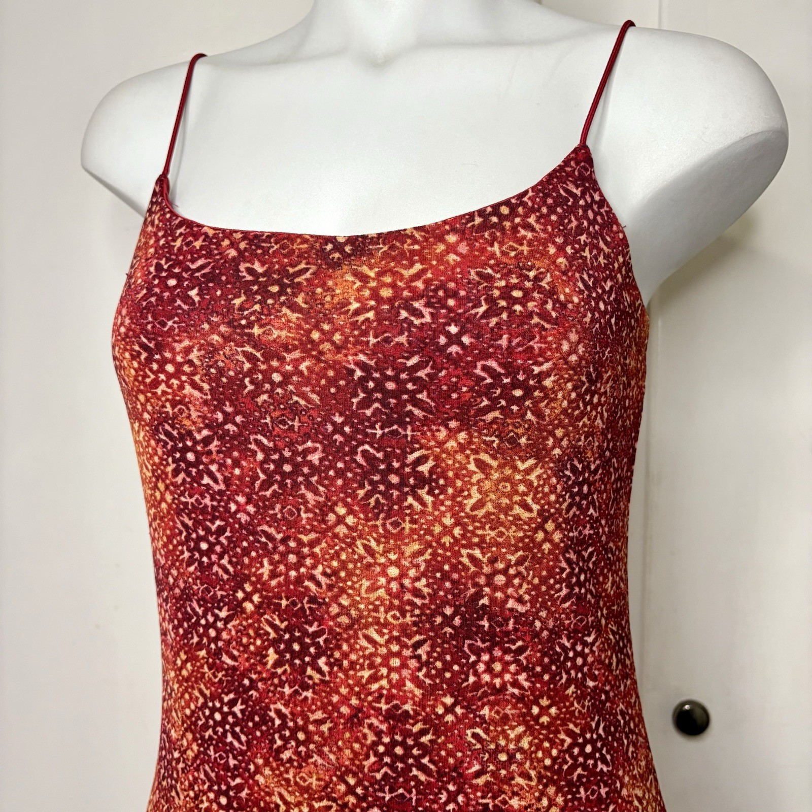 Vintage 90s IZ Byer California Red Mesh Boho Print Spaghetti Strap Mini Dress