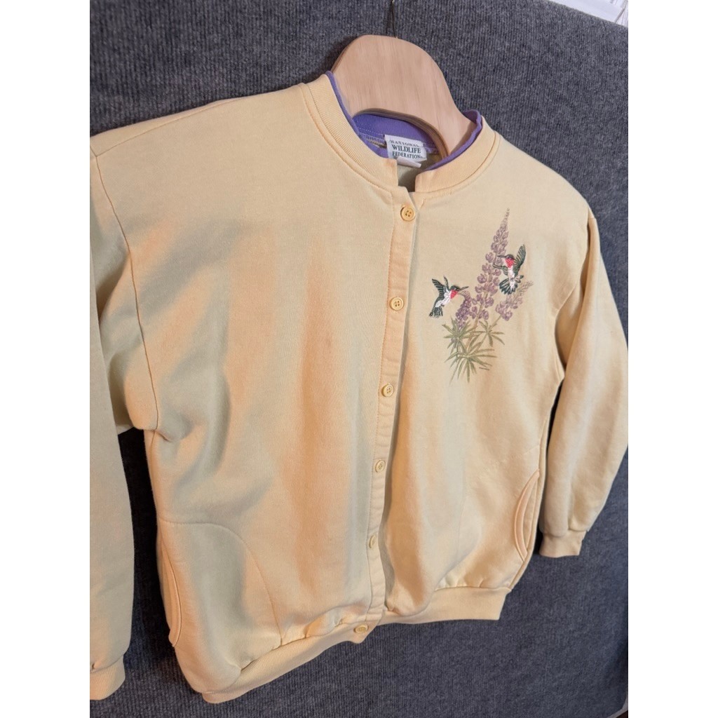 Vintage National Wildlife Federation Hummingbird Sweatshirt Cardigan Yellow L