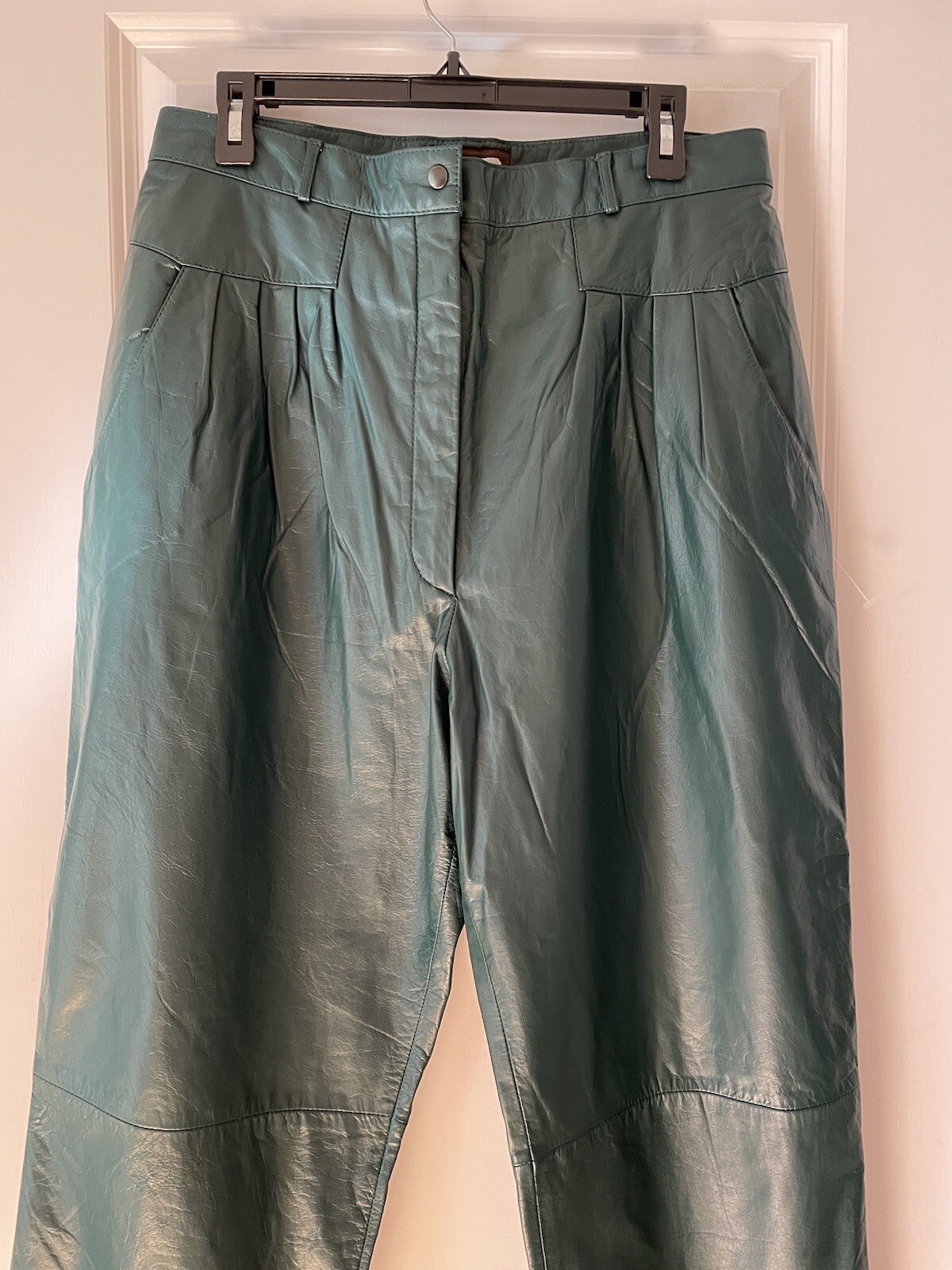 TOFFS VTG 80s 100%Genuine Leather Pant Acetate Lined High Rise Pleated Green 32